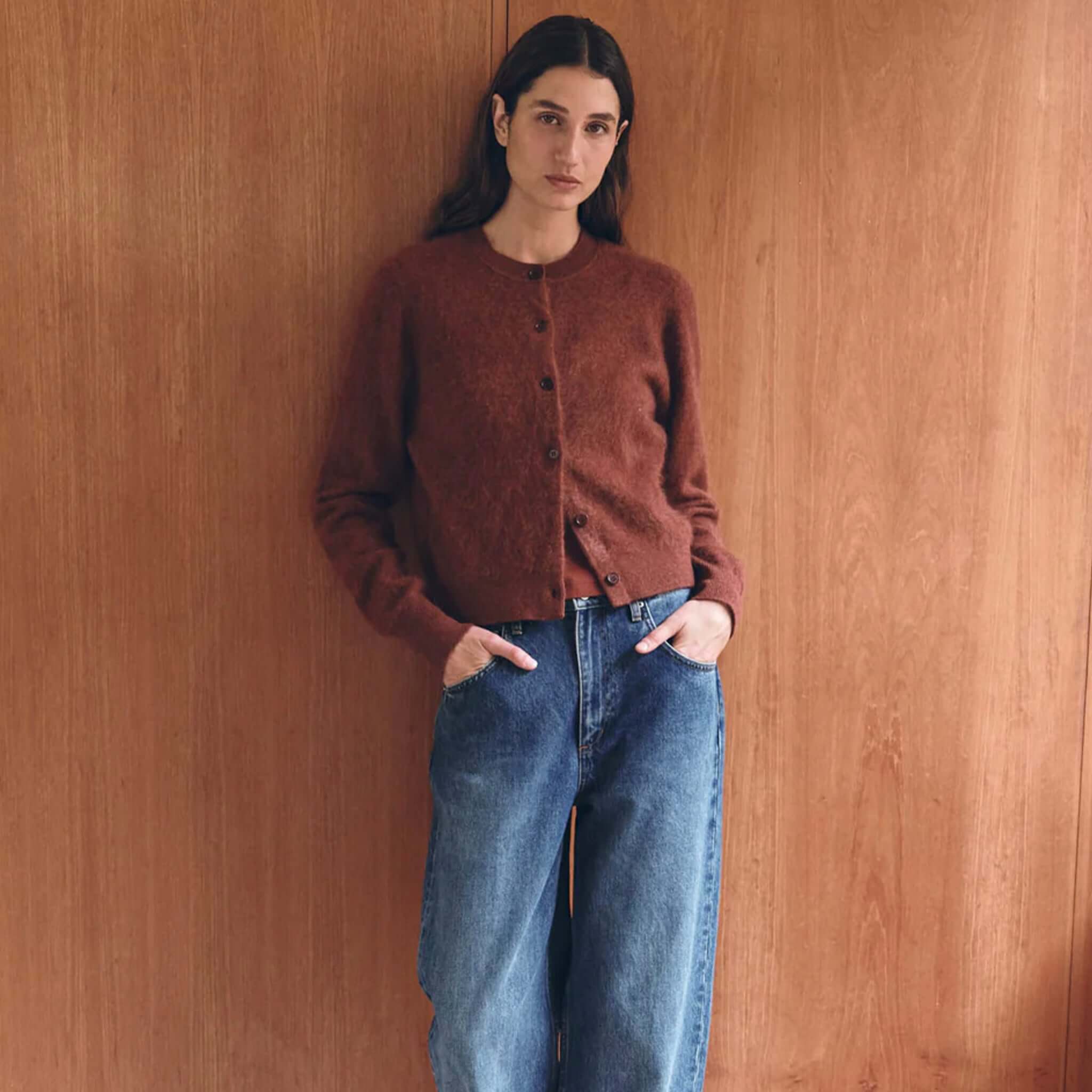 Assembly Label Carina Merino Wool Long Sleeve Cardigan - Burnt Amber styled with relaxed jeans, warm amber color, cozy fit.