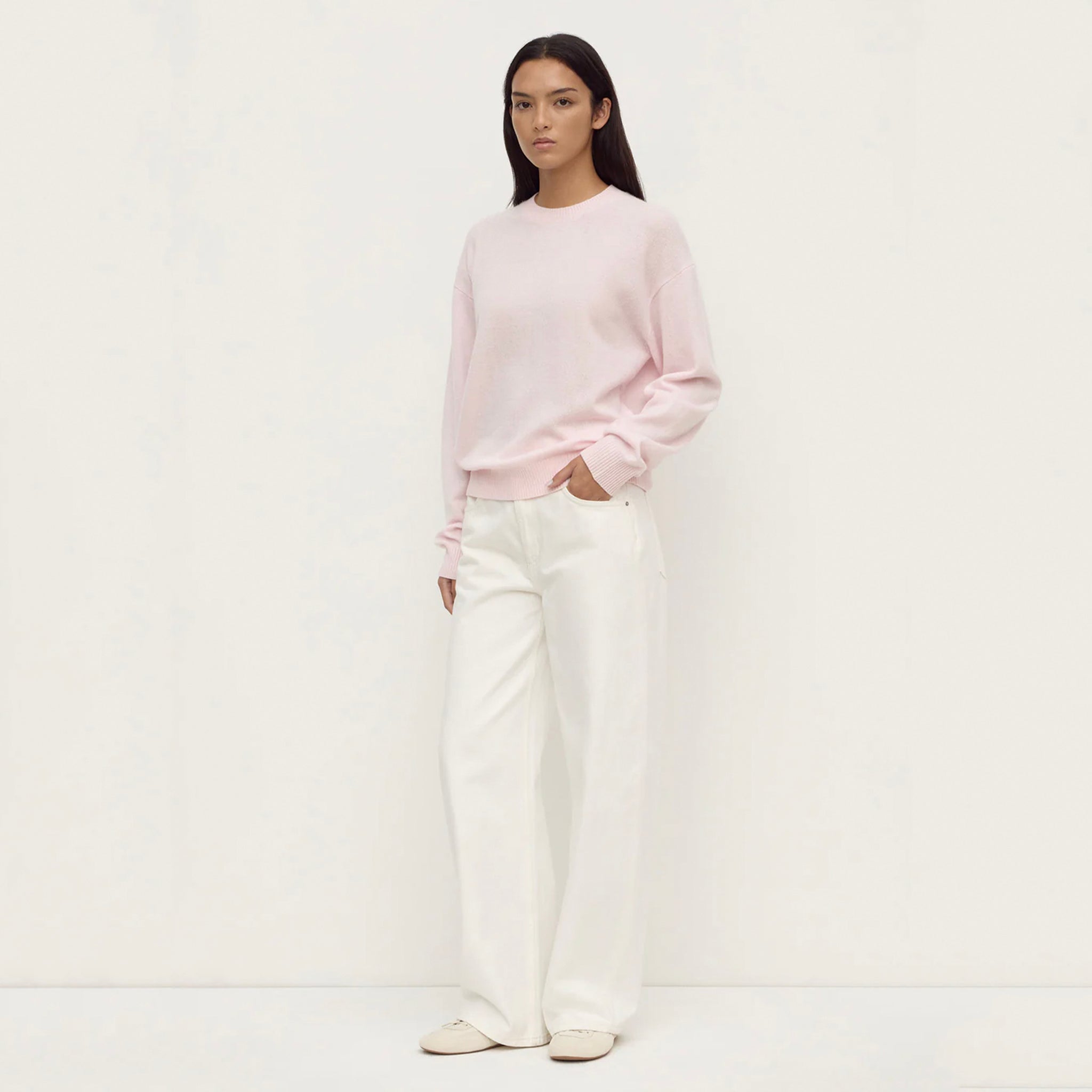 Assembly Label Carter Brushed Merino Wool Sweater - Floss, styled with white wide-leg pants.
