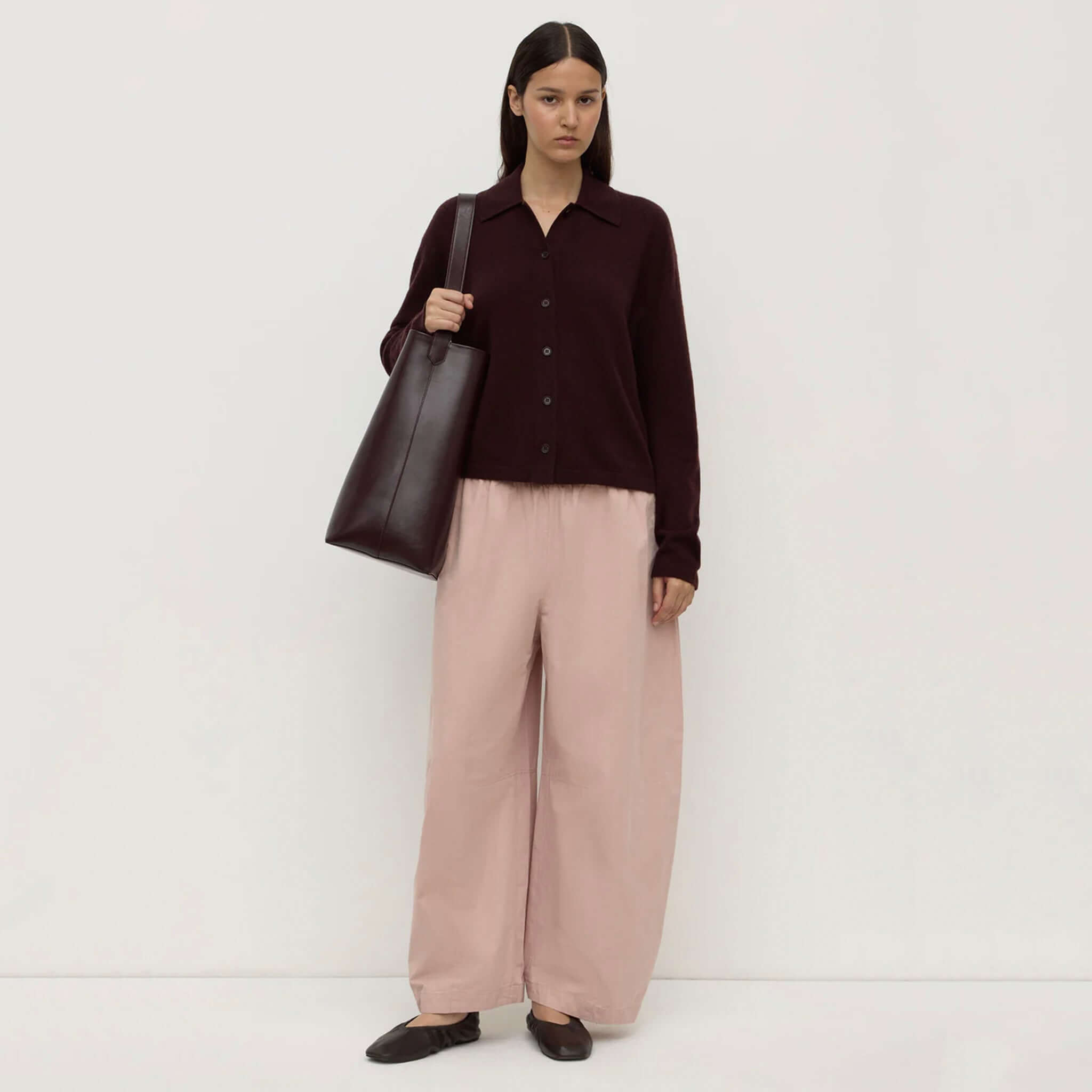 Alt Tag: Assembly Label Merino & Cashmere Knit Cardigan - Dark Merlot women’s button-up cardigan with relaxed collar, styled on model