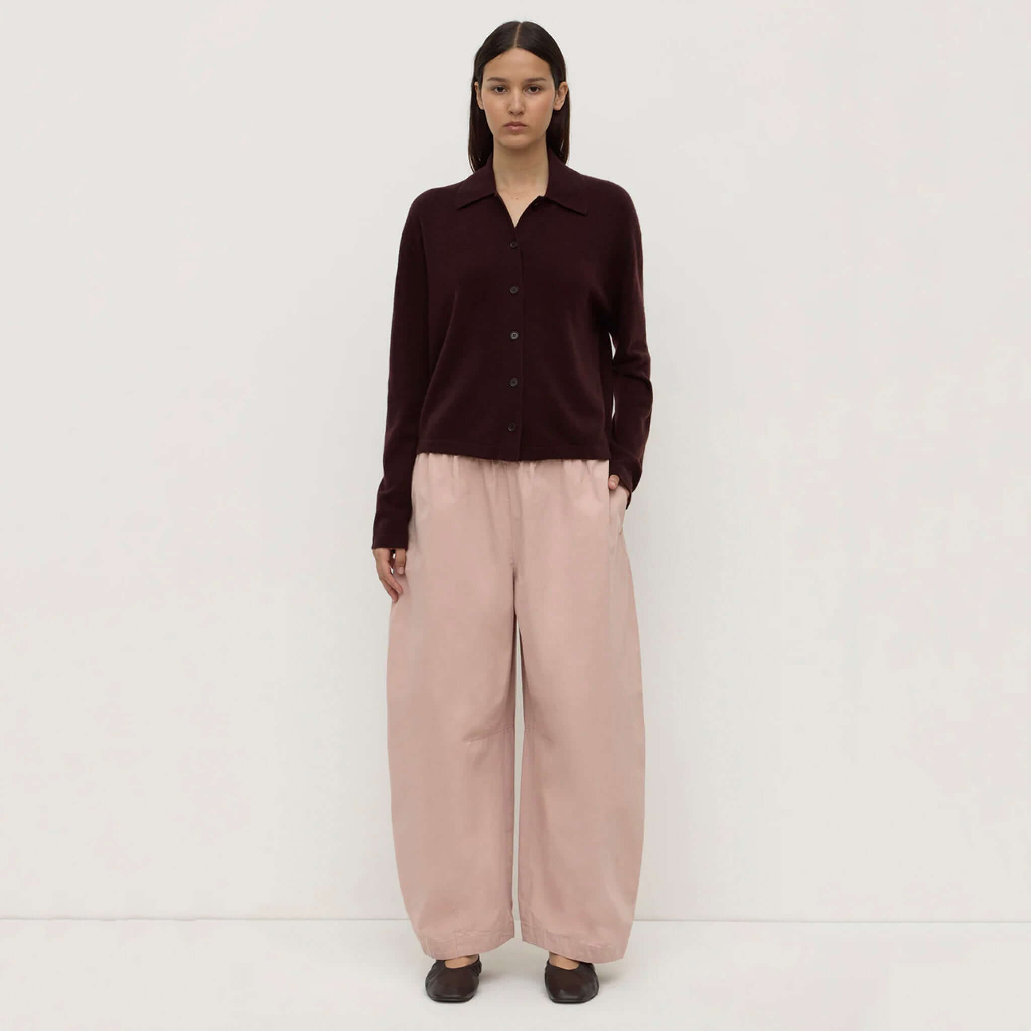 Alt Tag: Assembly Label Merino & Cashmere Knit Cardigan - Dark Merlot womens button-up knit cardigan with relaxed collar, lightweight warmth