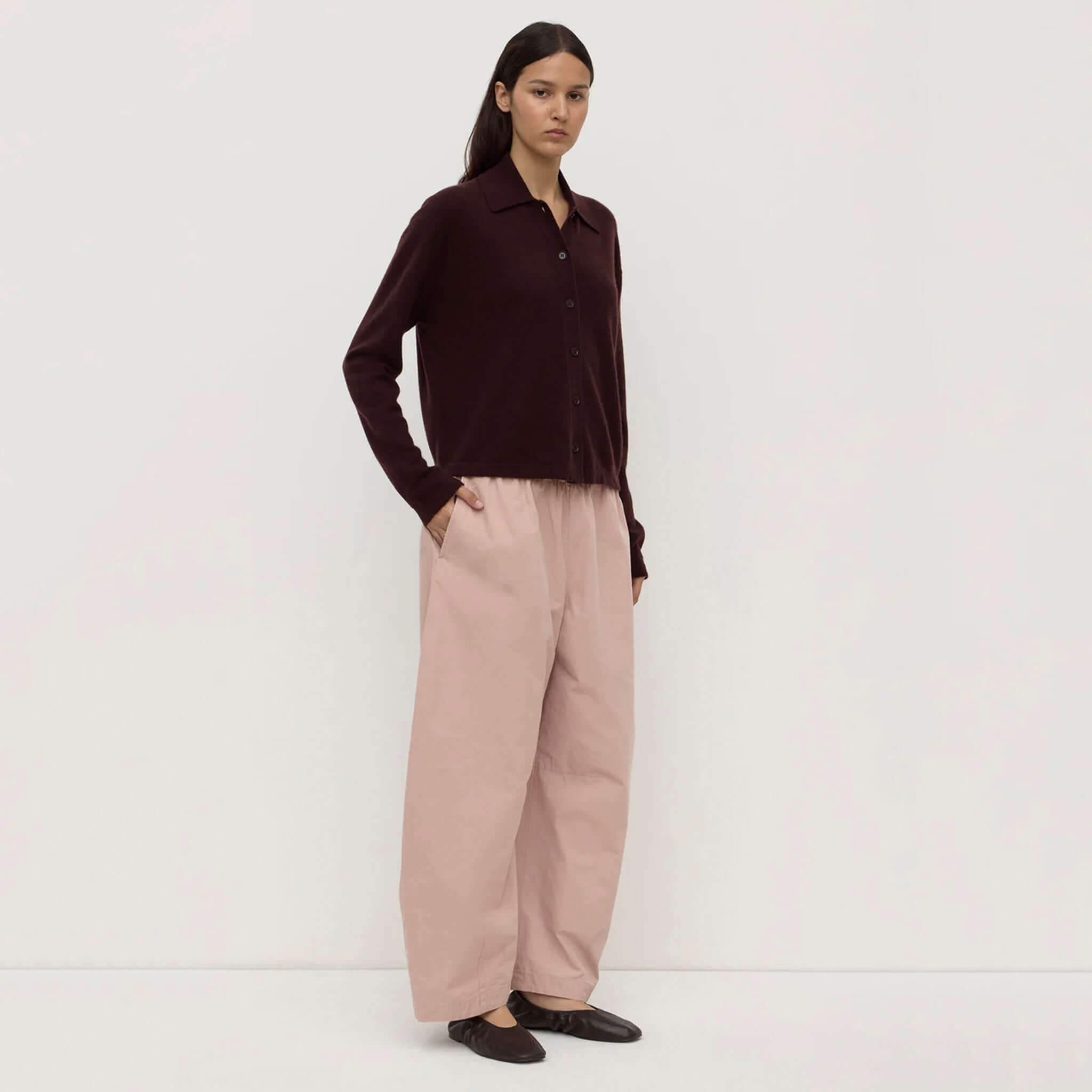 Alt Tag: Assembly Label Merino & Cashmere Knit Cardigan - Dark Merlot on model, button-up relaxed collar, dropped shoulders knit for layering
