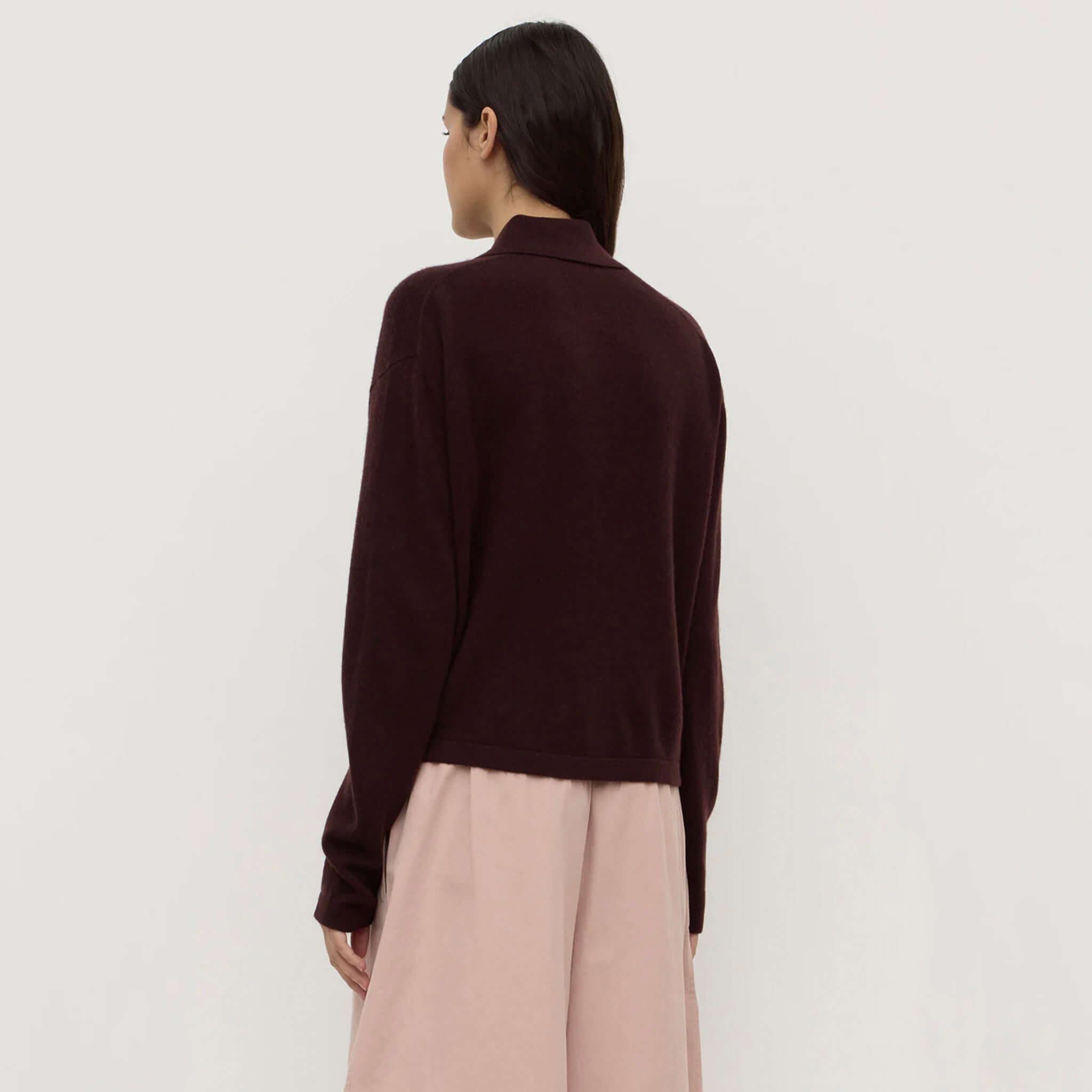 Alt Tag: Assembly Label Merino & Cashmere Knit Cardigan - Dark Merlot back view womens wool cashmere blend button-up cardigan