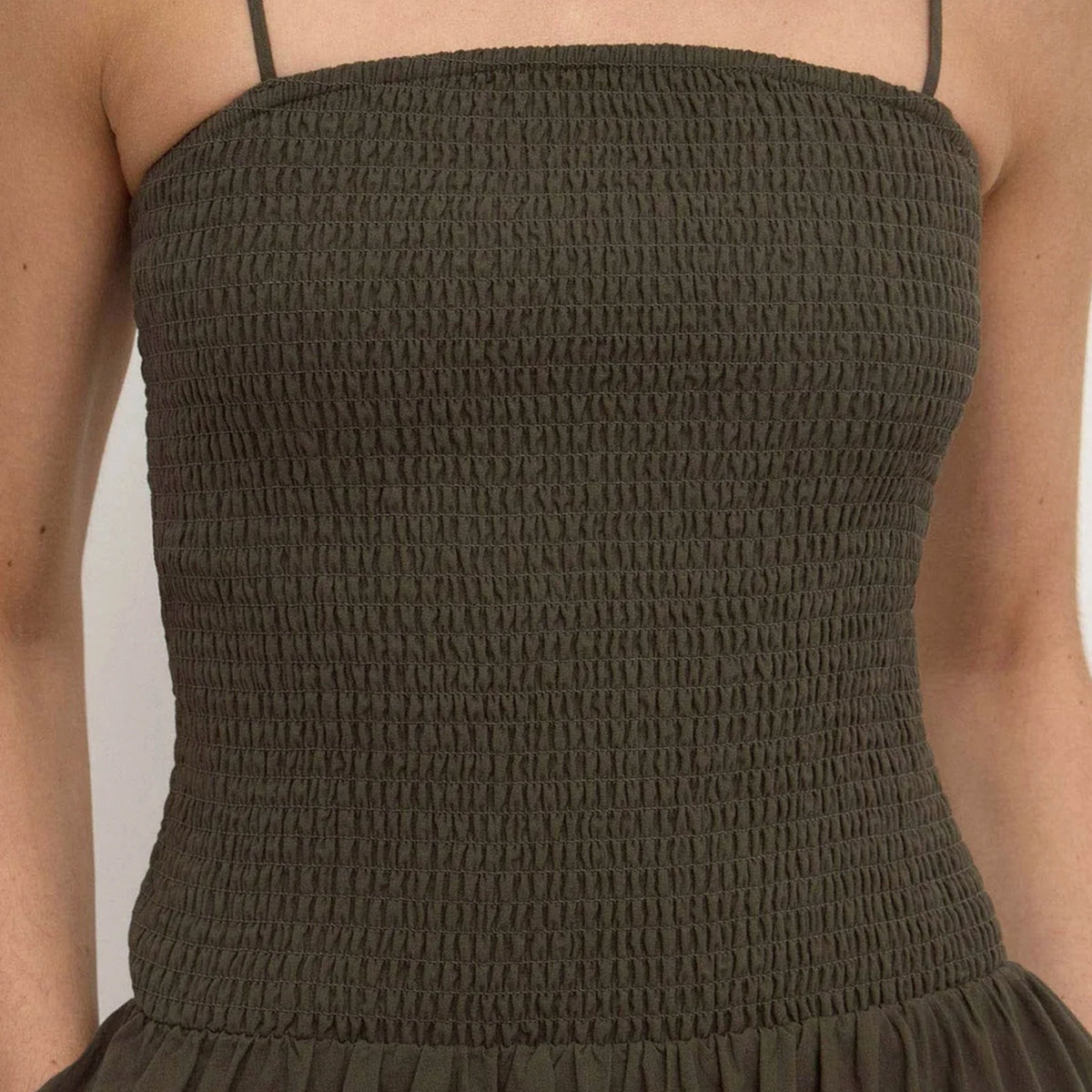 Assembly Label Connie Cotton Shirred Dress - Dark Military, close-up of shirred bodice and thin straps
