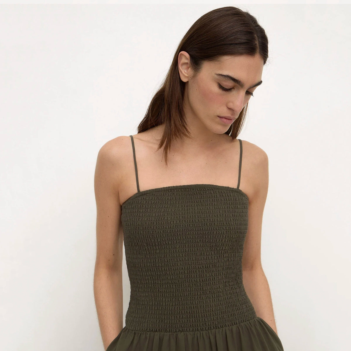 Assembly Label Connie Cotton Shirred Dress - Dark Military, close-up of neckline and straps on model