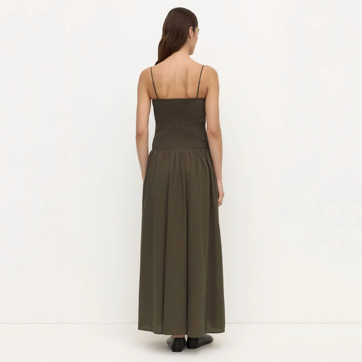 Assembly Label Connie Cotton Shirred Dress - Dark Military, back view showing gathered maxi skirt