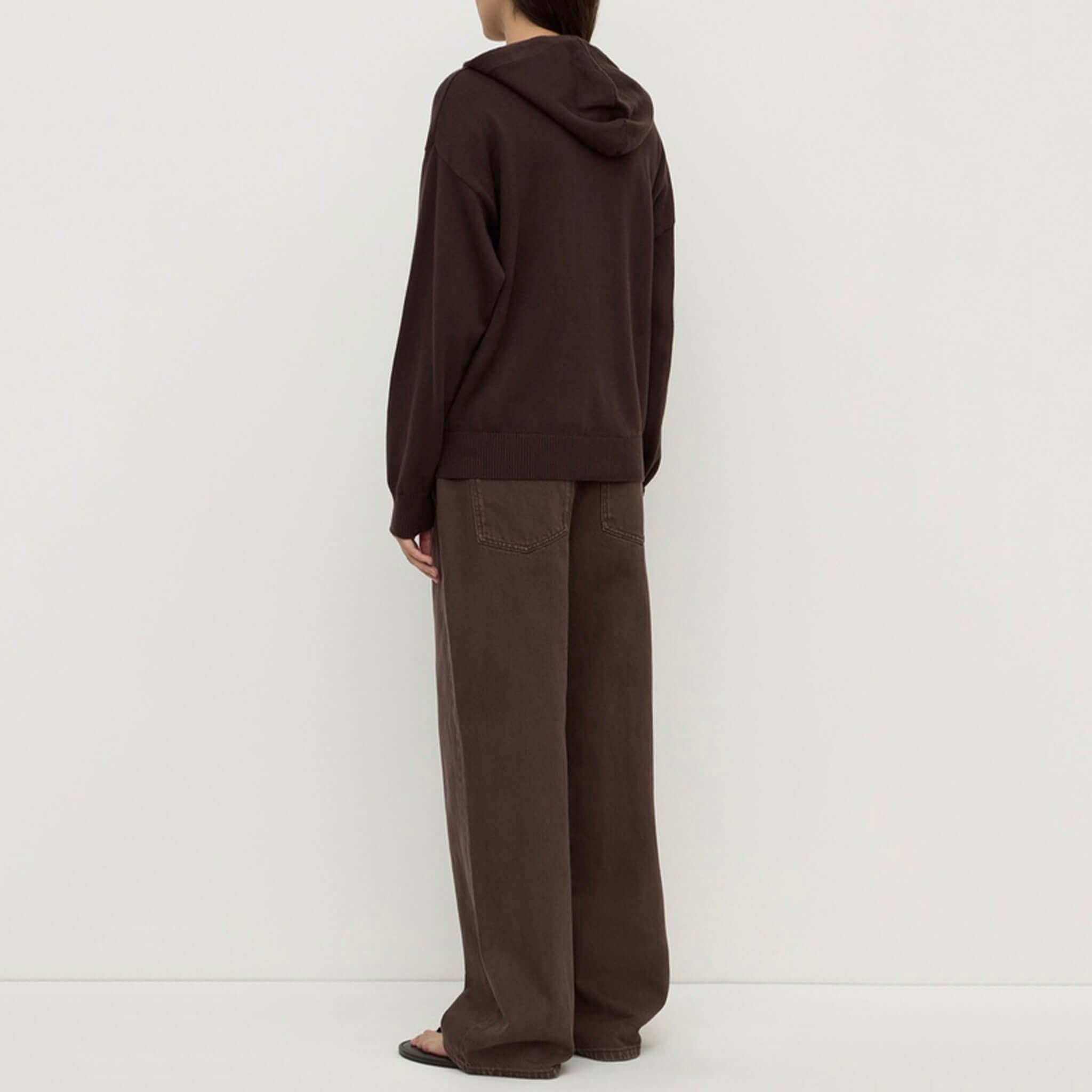 Alt Tag: Assembly Label Cotton / Cashmere Hoodie - Ganache back view, relaxed hooded knit with drawcord in rich ganache tone