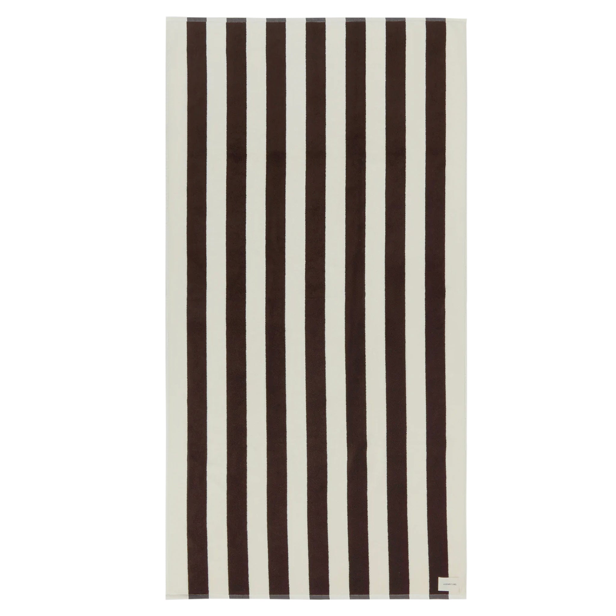 Striped towel with brown and white vertical stripes on a white background