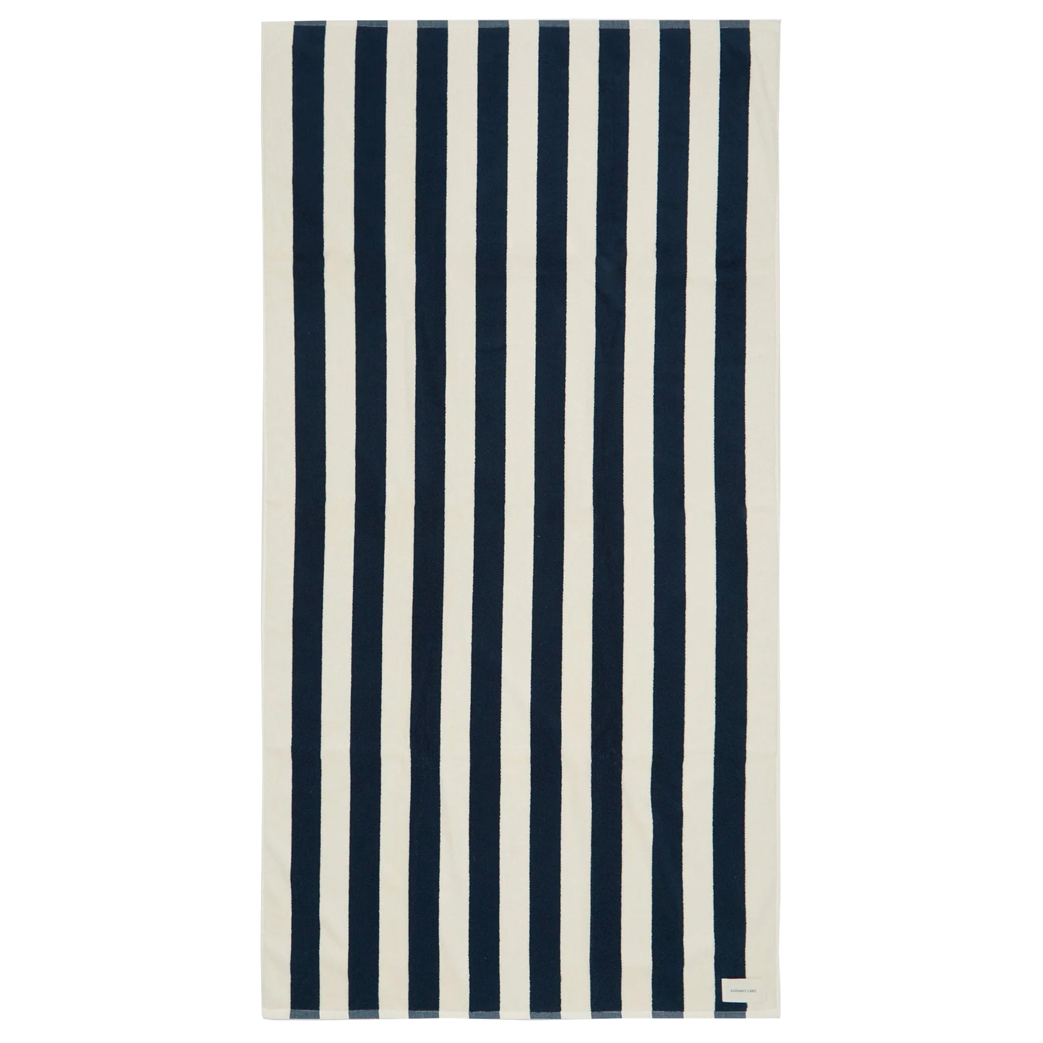 Navy and cream striped bath towel on a white background.