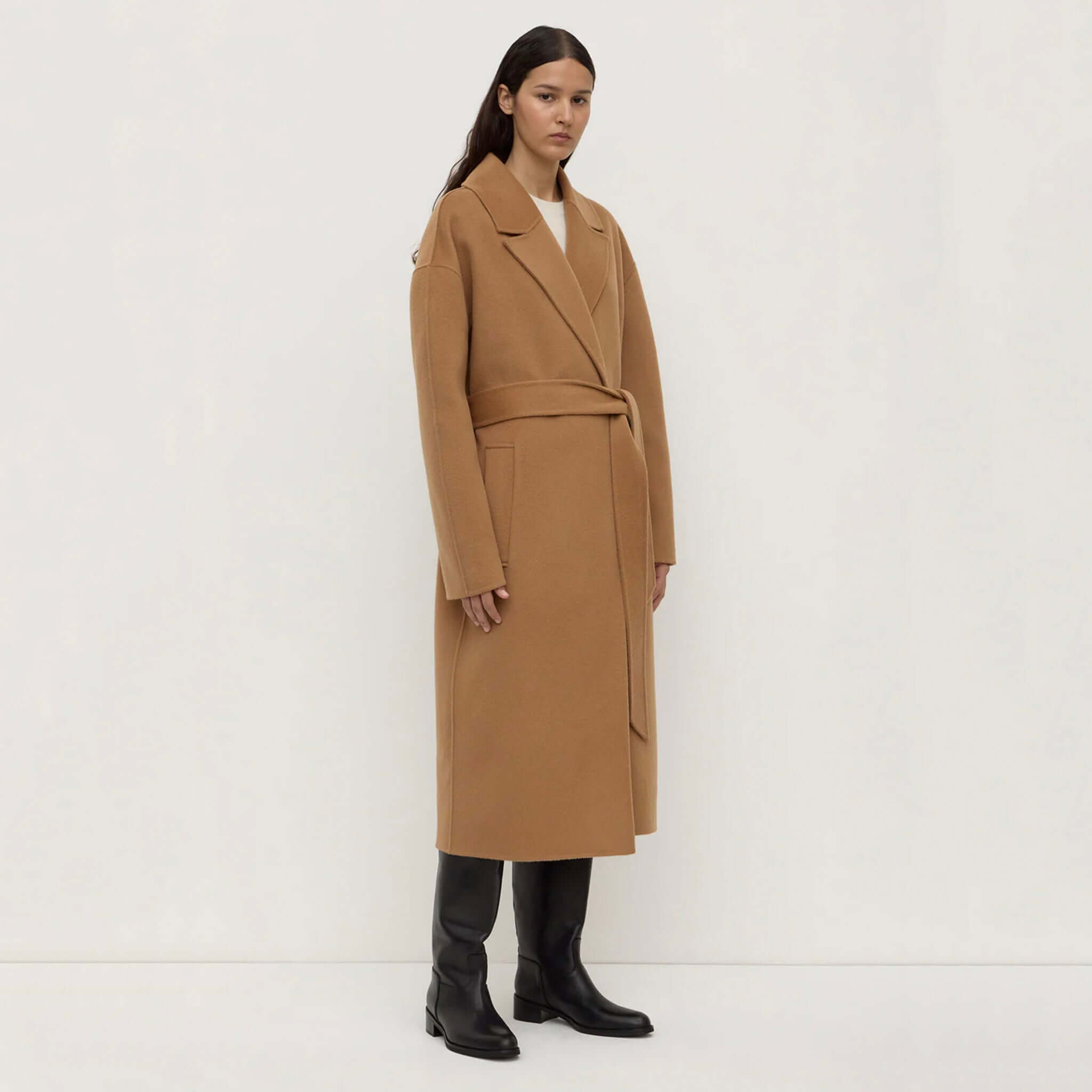 Alt Tag: Assembly Label Ivy Wool Coat - Camel long belted wool blend coat for women, winter layering, refined silhouette