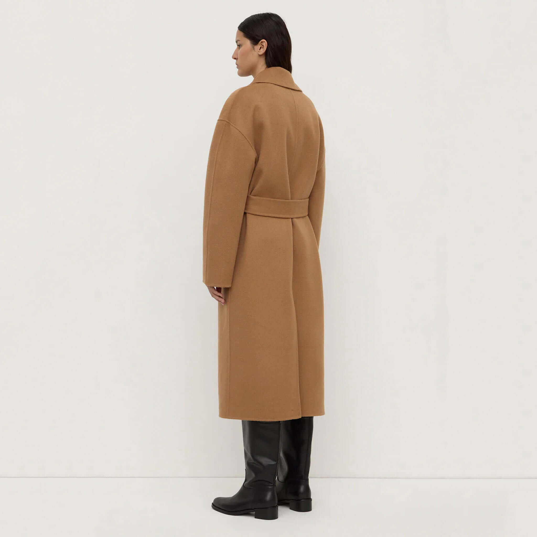 Alt Tag: Assembly Label Ivy Wool Coat - Camel back view, long belted wool blend women’s winter coat for effortless layering