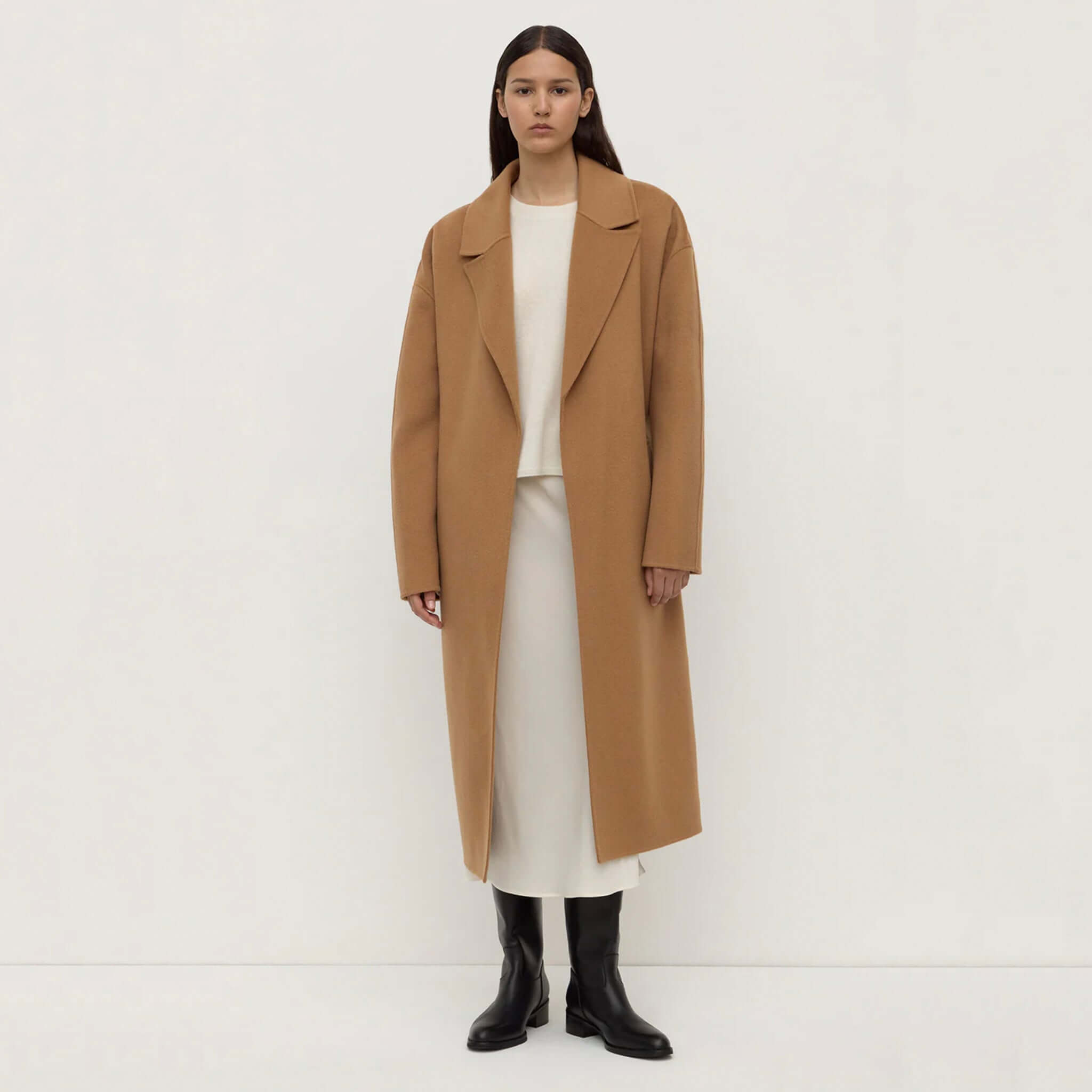Alt Tag: Assembly Label Ivy Wool Coat - Camel long wool blend coat for women, timeless winter layering, full-length front view