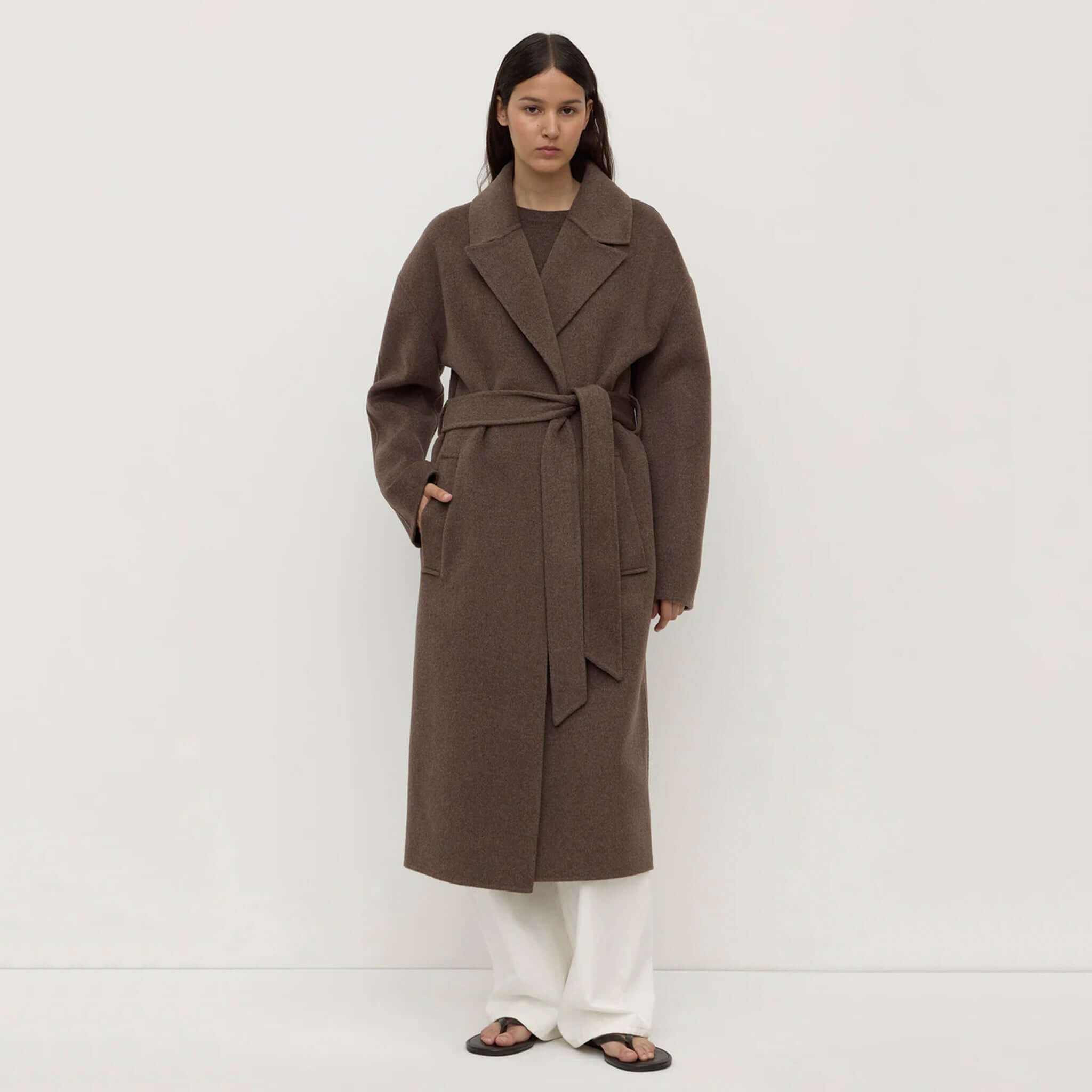 Alt Tag: Assembly Label Ivy Wool Coat - Cocoa Marle long belted wool blend coat for women, full-length winter layering front view