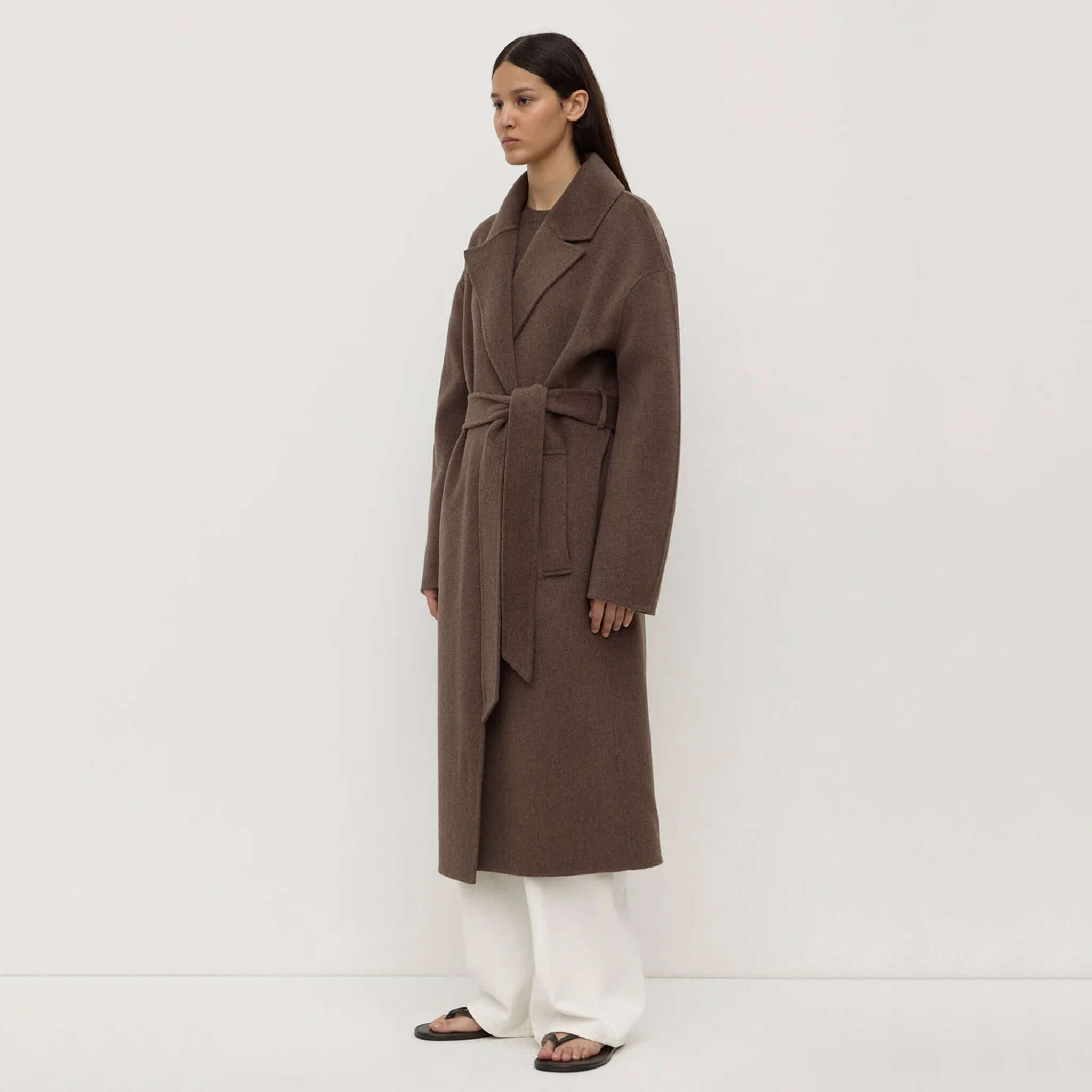 Alt Tag: Assembly Label Ivy Wool Coat - Cocoa Marle long belted wool blend coat for women, timeless winter layering with refined silhouette