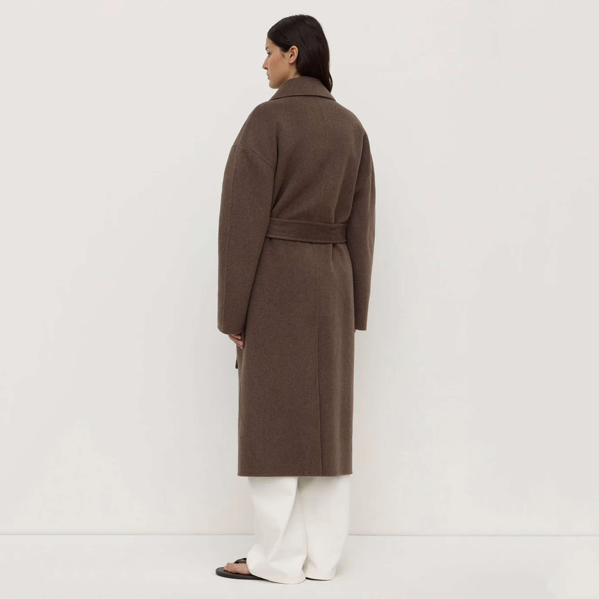 Alt Tag: Assembly Label Ivy Wool Coat - Cocoa Marle back view long wool blend coat with belt, winter layering women’s outerwear