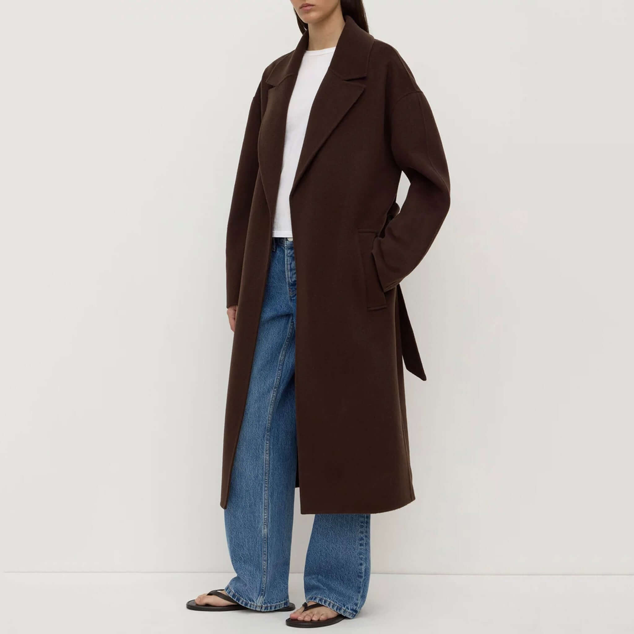 Alt Tag: Assembly Label Ivy Wool Coat - Ganache long wool blend winter coat for women, refined silhouette for effortless layering