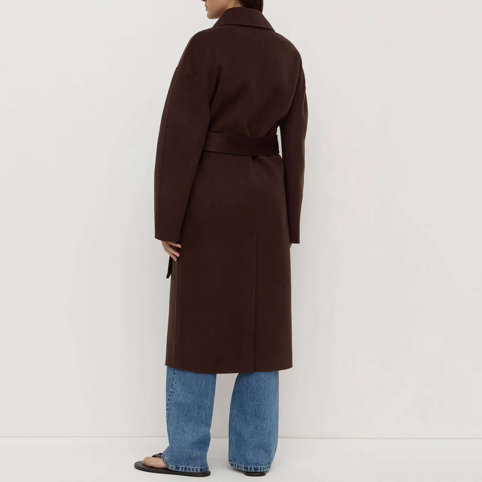 Alt Tag: Assembly Label Ivy Wool Coat - Ganache back view long belted wool blend winter coat for women, refined silhouette