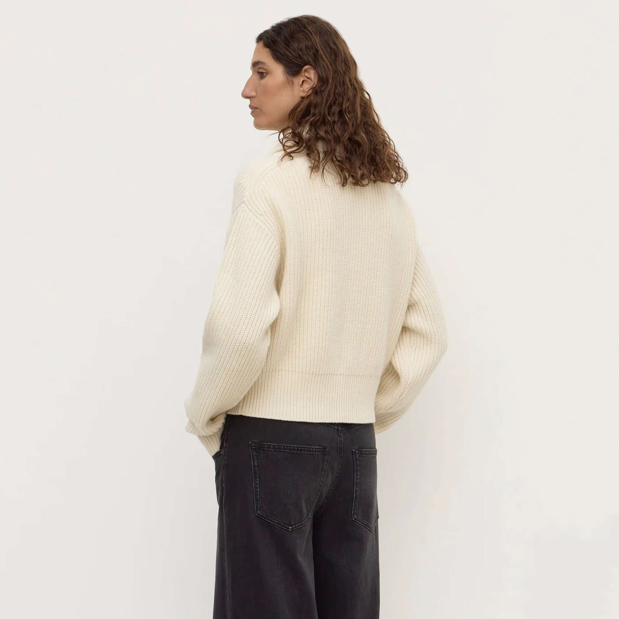 Assembly Label Kaia Wool Zip Sweater - Antique White, back view showcasing the ribbed texture and funnel neck design.