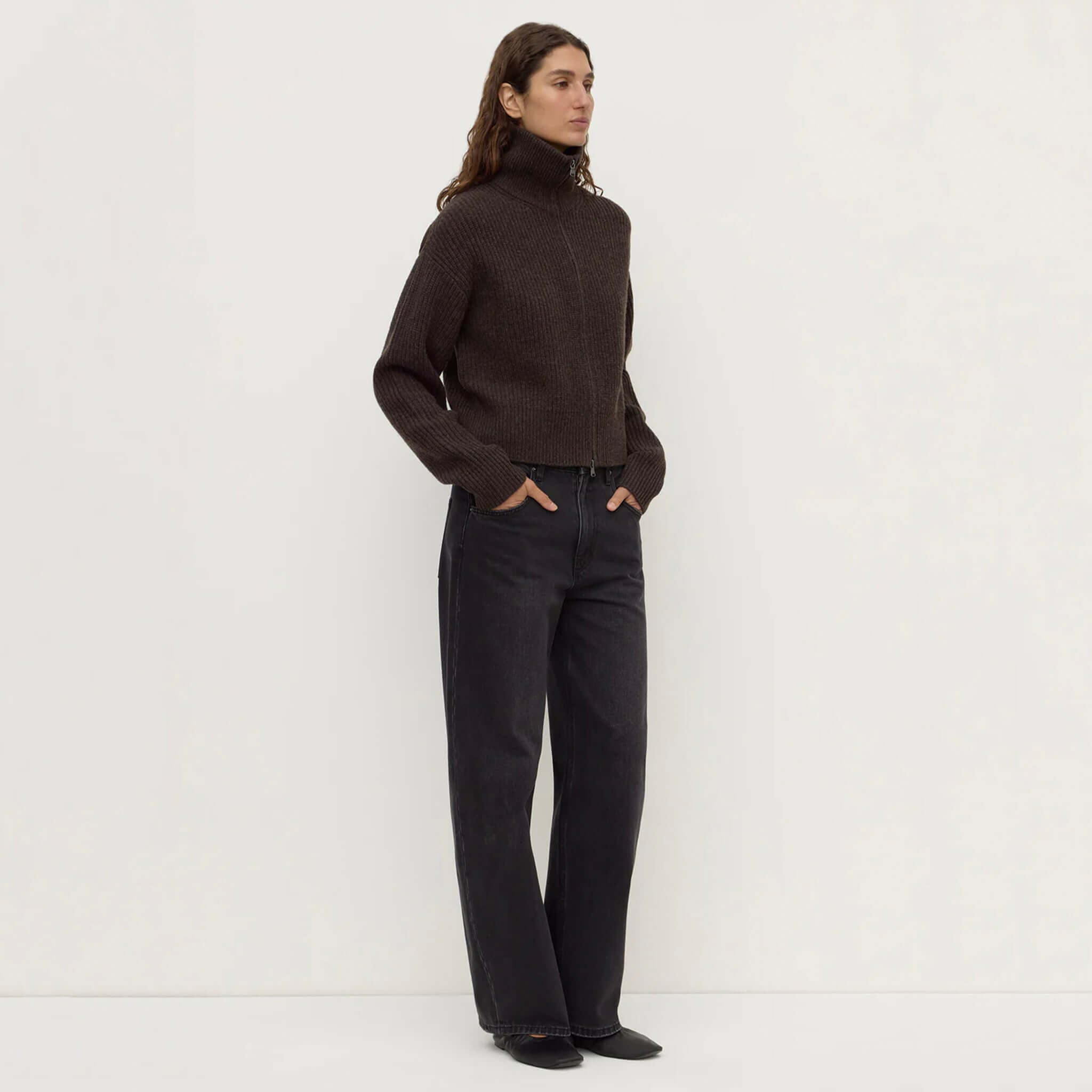 Assembly Label Kaia Wool Zip Sweater - Ganache Marle styled with high-waisted jeans for a chic look.