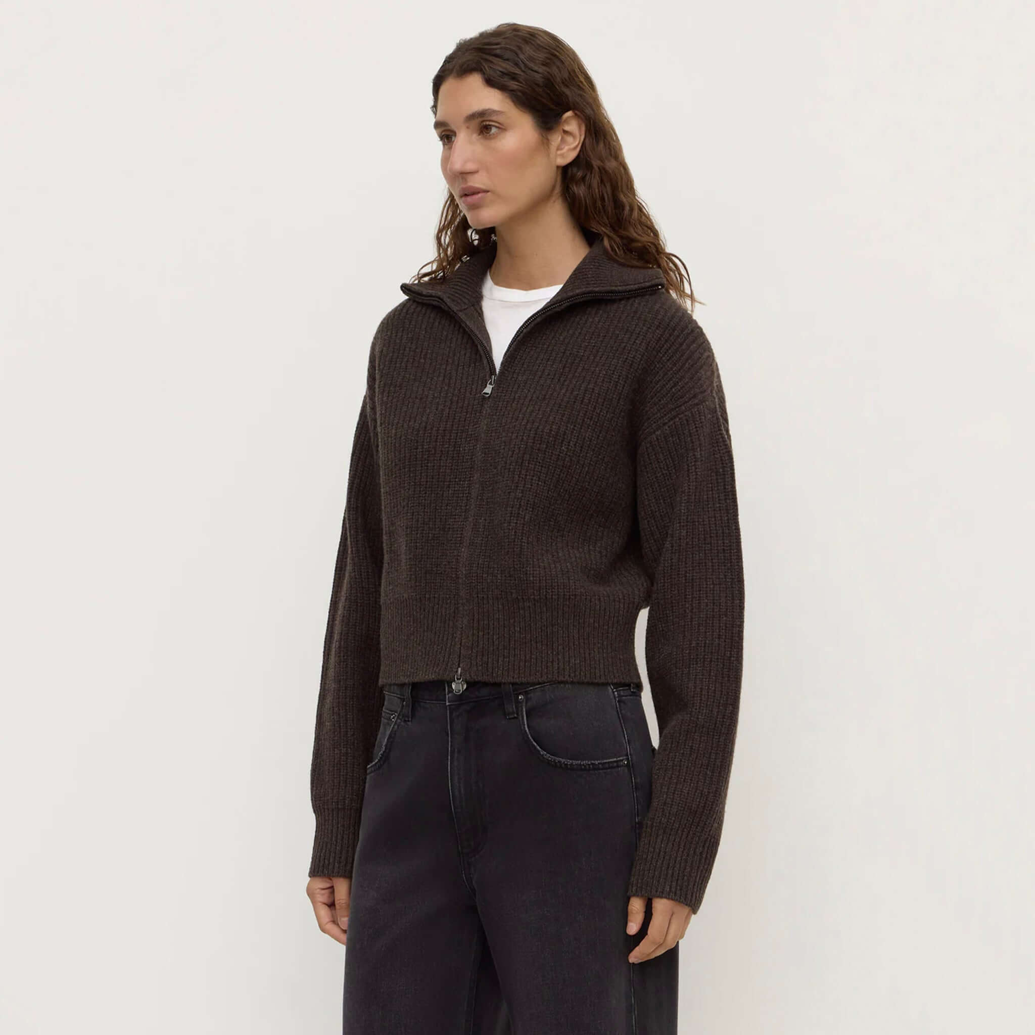 Assembly Label Kaia Wool Zip Sweater - Ganache Marle worn by model, showing funnel neck and ribbed texture.