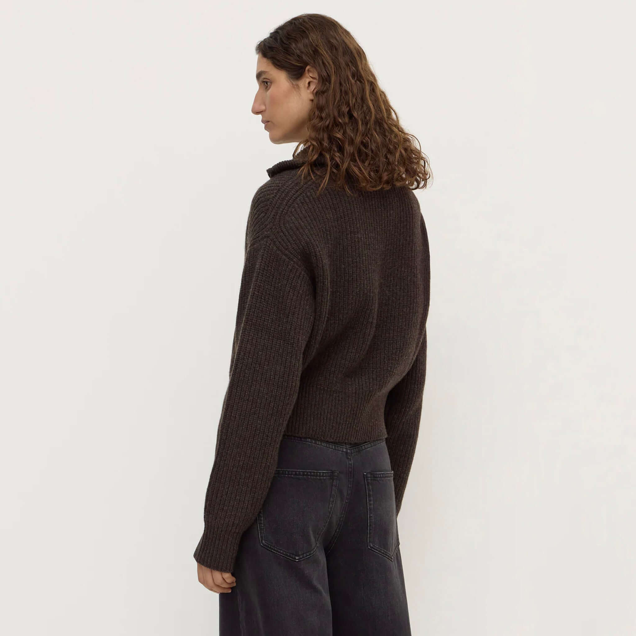 Assembly Label Kaia Wool Zip Sweater - Ganache Marle, showcasing the back view of the stylish ribbed sweater.