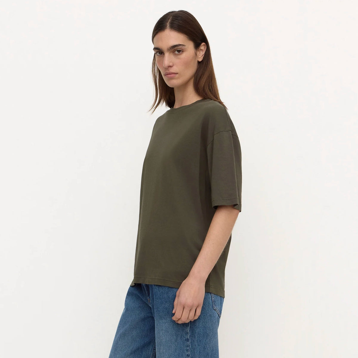 Assembly Label Kira Cotton Hemp Tee - Dark Military, side view showing boxy fit and dropped shoulder
