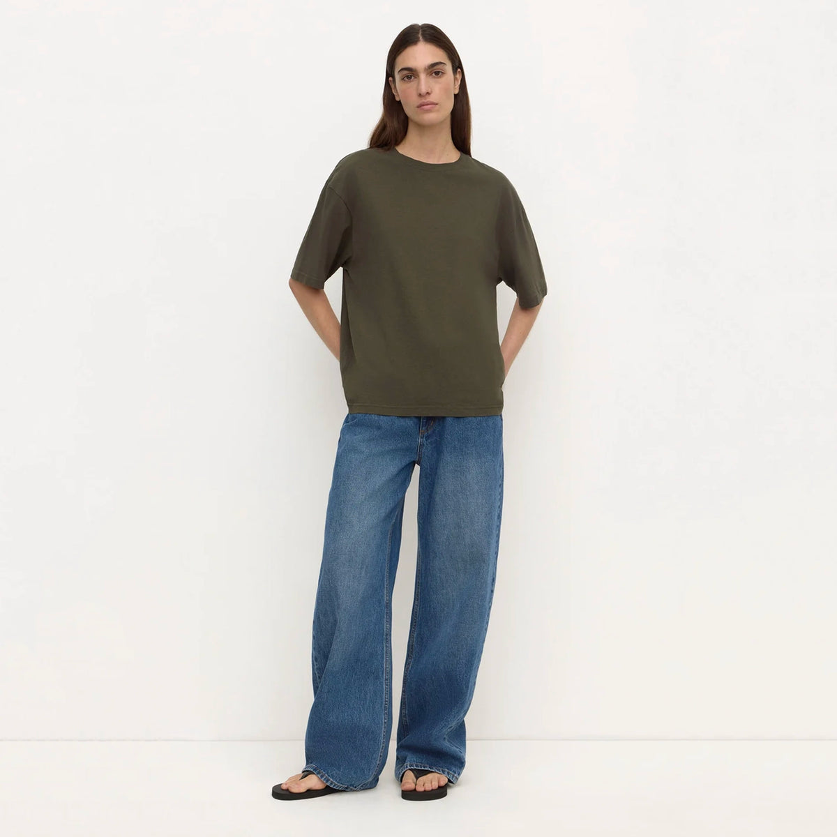 Assembly Label Kira Cotton Hemp Tee - Dark Military, full length front view on model with wide leg jeans
