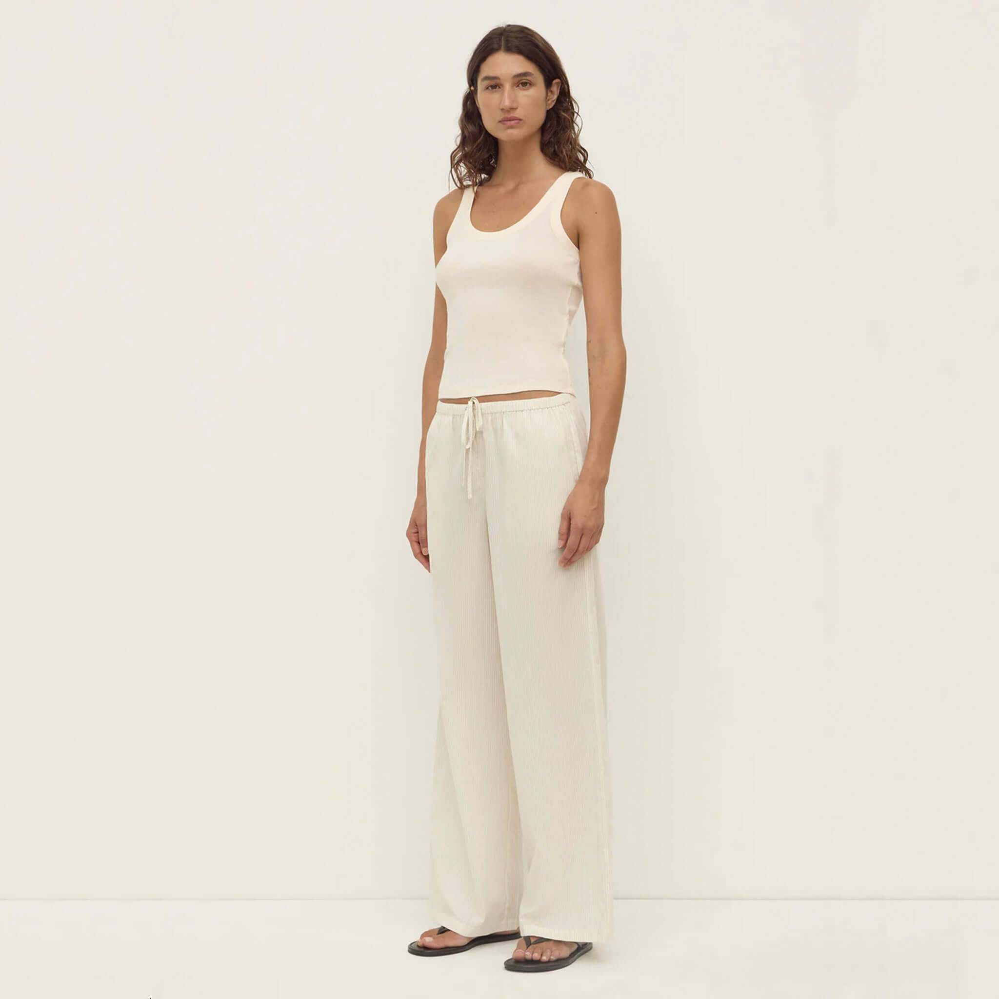 Alt Tag: Assembly Label Marina Stripe Pants - White / Grey Stripe relaxed cotton pants with elastic waist and tie, lightweight everyday fit