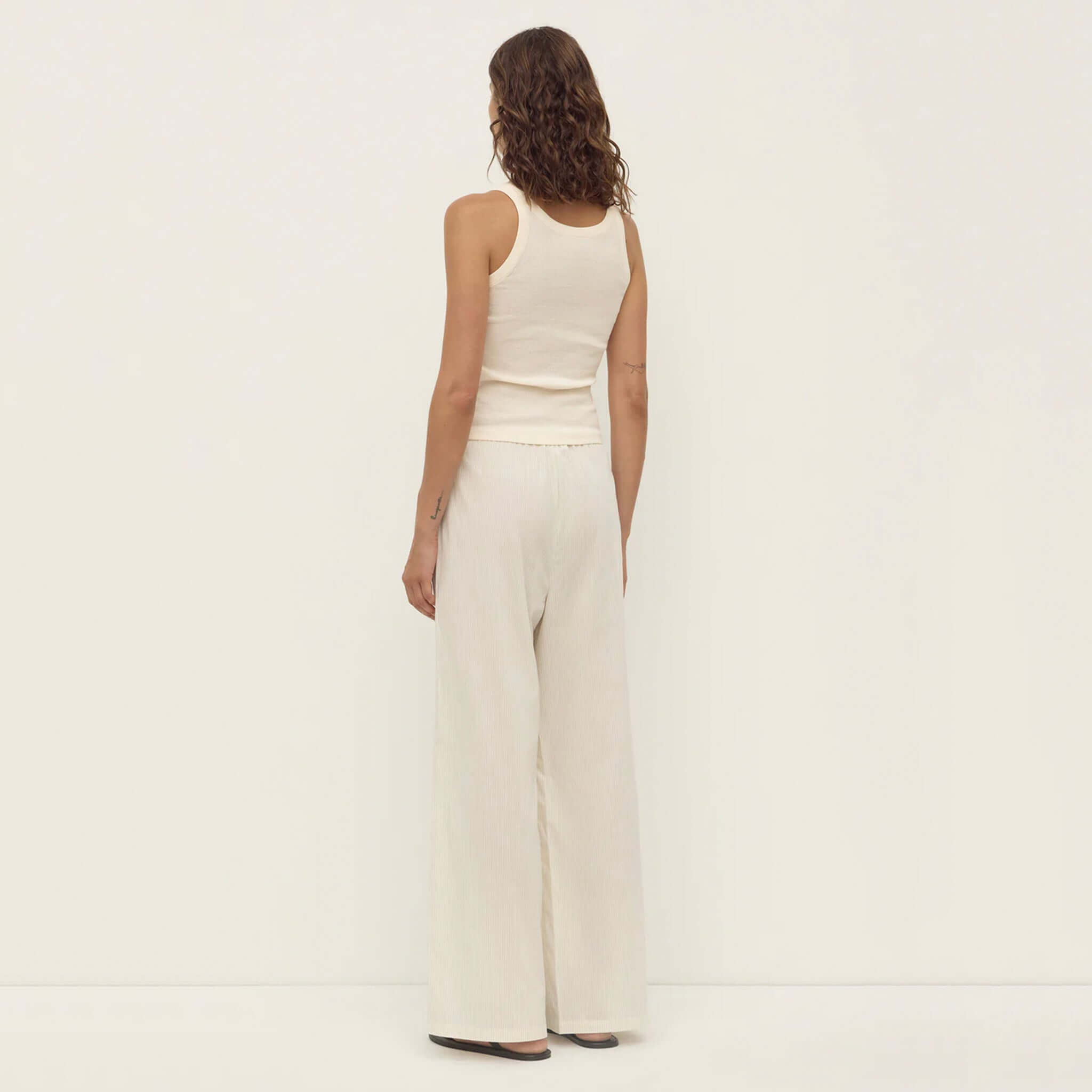 Alt Tag: Assembly Label Marina Stripe Pants - White / Grey Stripe lightweight cotton pants with elastic waist tie, back view