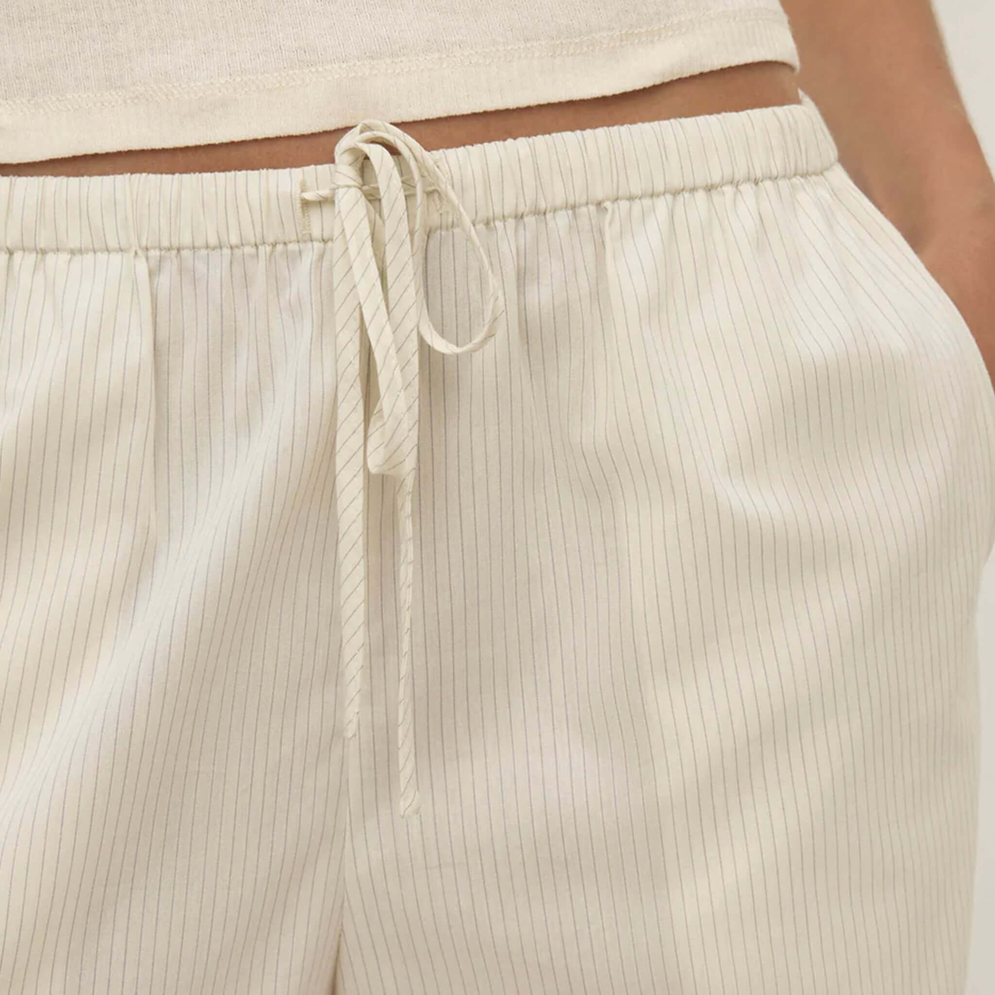 Alt Tag: Assembly Label Marina Stripe Pants - White / Grey Stripe close-up elastic waistband with adjustable drawstring, breathable cotton