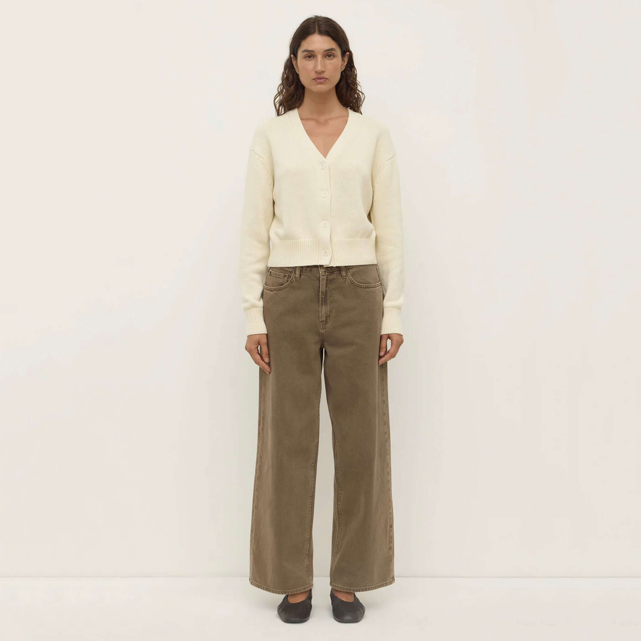 Alt Tag: Assembly Label Meri Cotton Knit Cardigan - Cream on model, V-neck button-front 100% cotton knit with ribbed trims