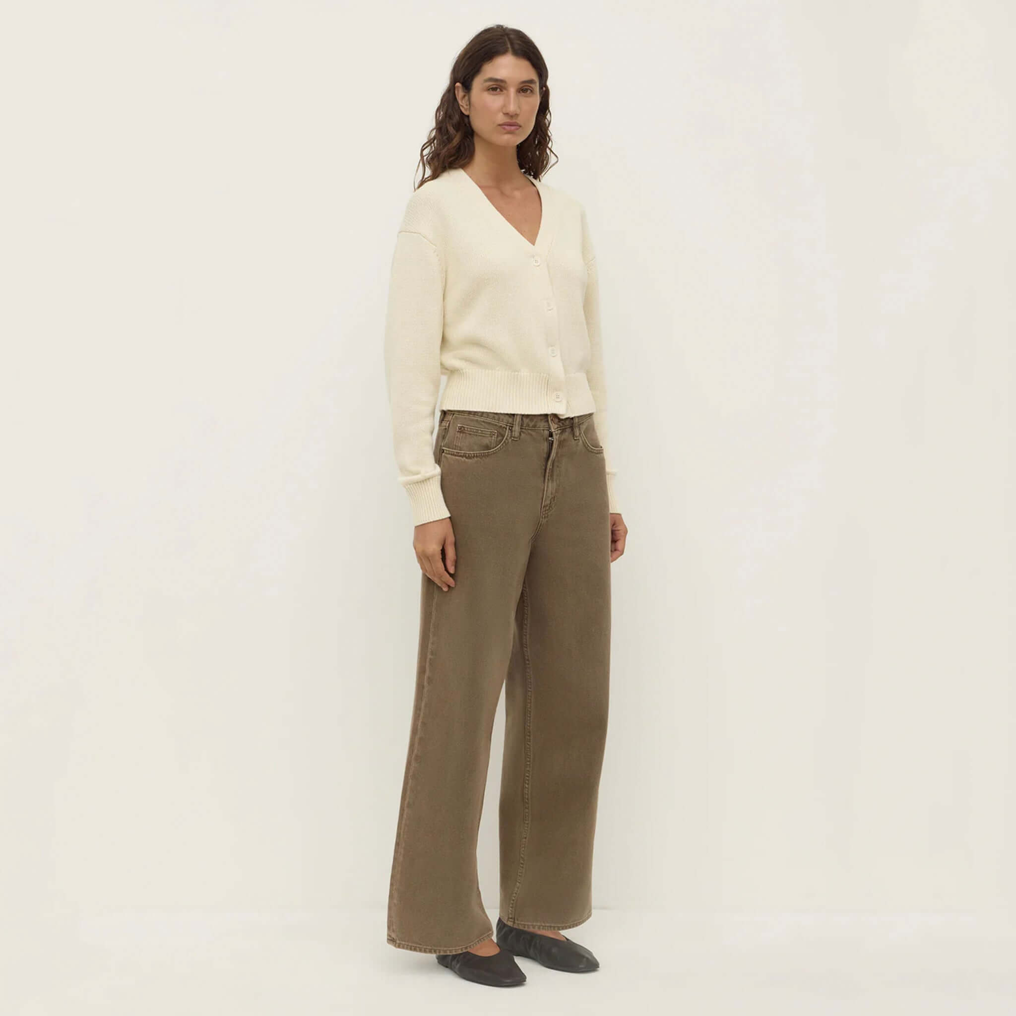 Alt Tag: Assembly Label Meri Cotton Knit Cardigan - Cream on model, V-neck button-down 100% cotton knit cardigan with ribbed trims