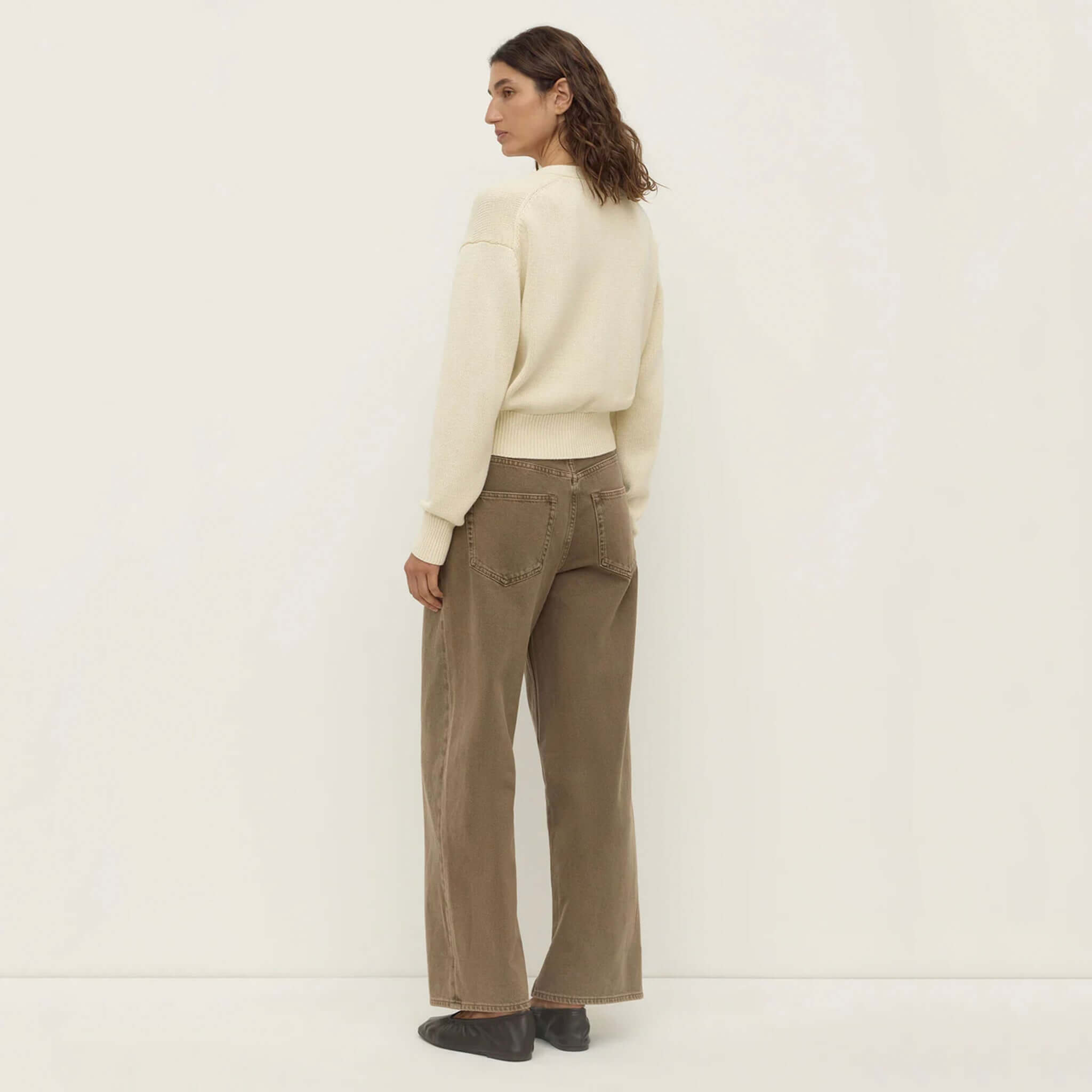 Alt Tag: Assembly Label Meri Cotton Knit Cardigan - Cream back view on model, breathable 100% cotton V-neck button-down knit with ribbed trims