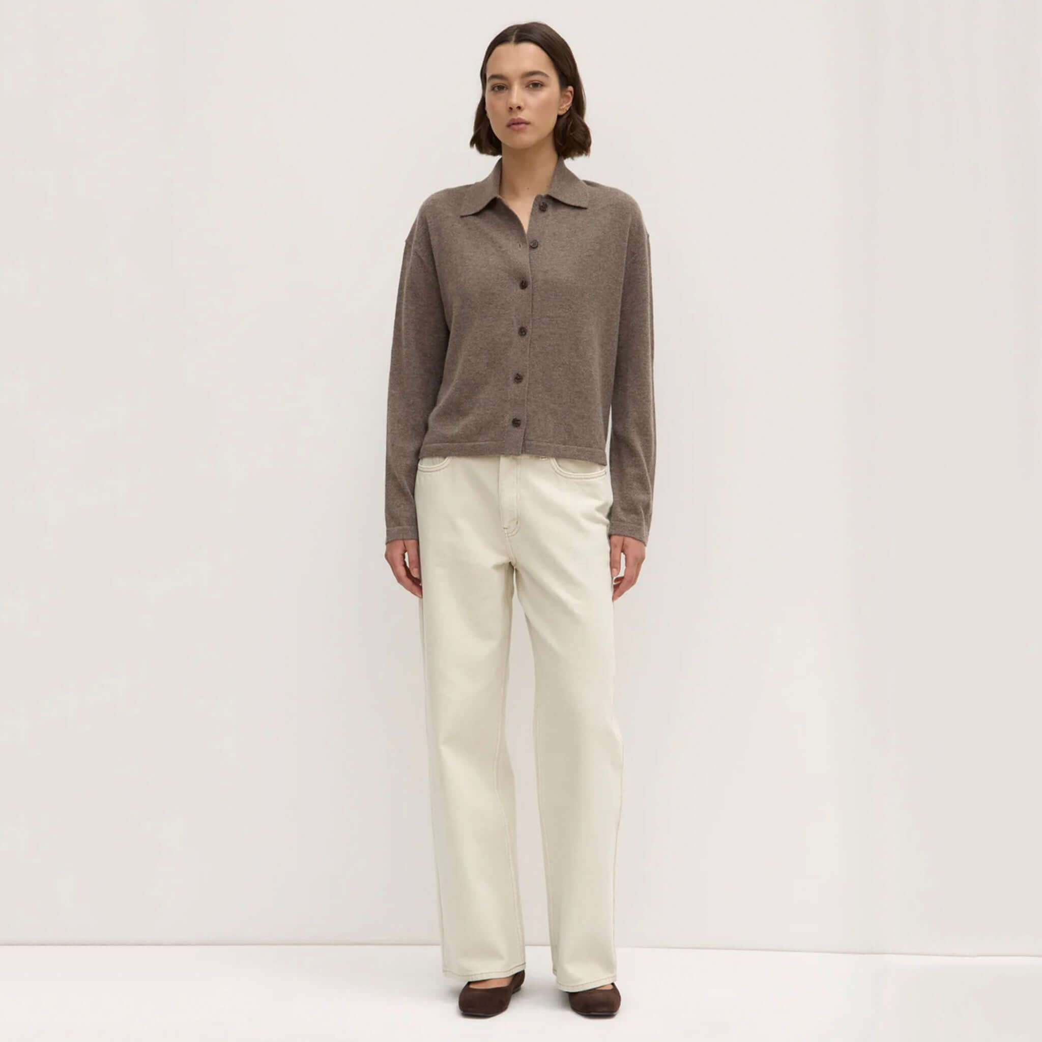 Alt Tag: Assembly Label Merino & Cashmere Knit Cardigan - Sable on model, button-up wool cashmere cardigan with relaxed collar and dropped shoulders