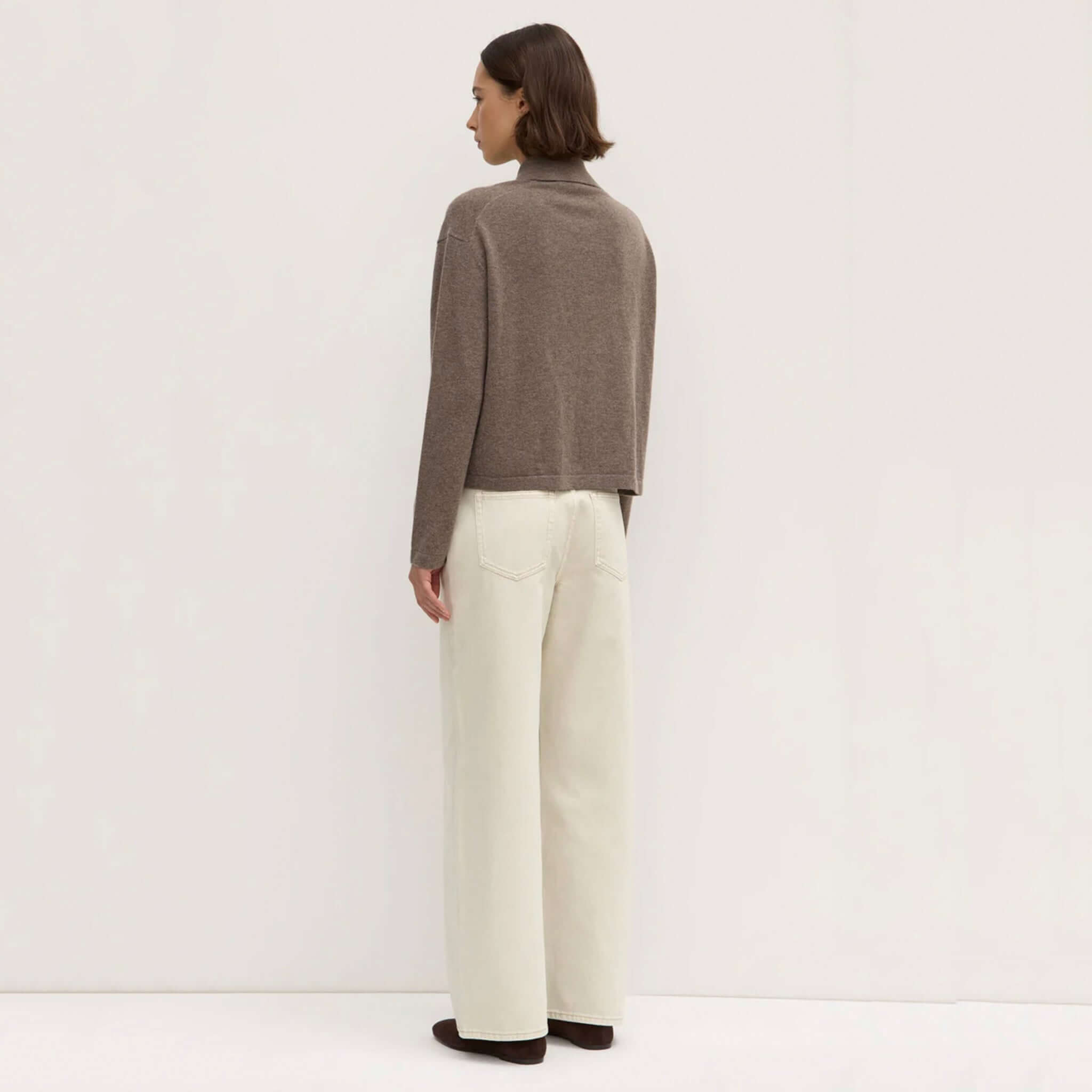 Alt Tag: Assembly Label Merino & Cashmere Knit Cardigan - Sable back view, relaxed collar women’s wool cashmere cardigan