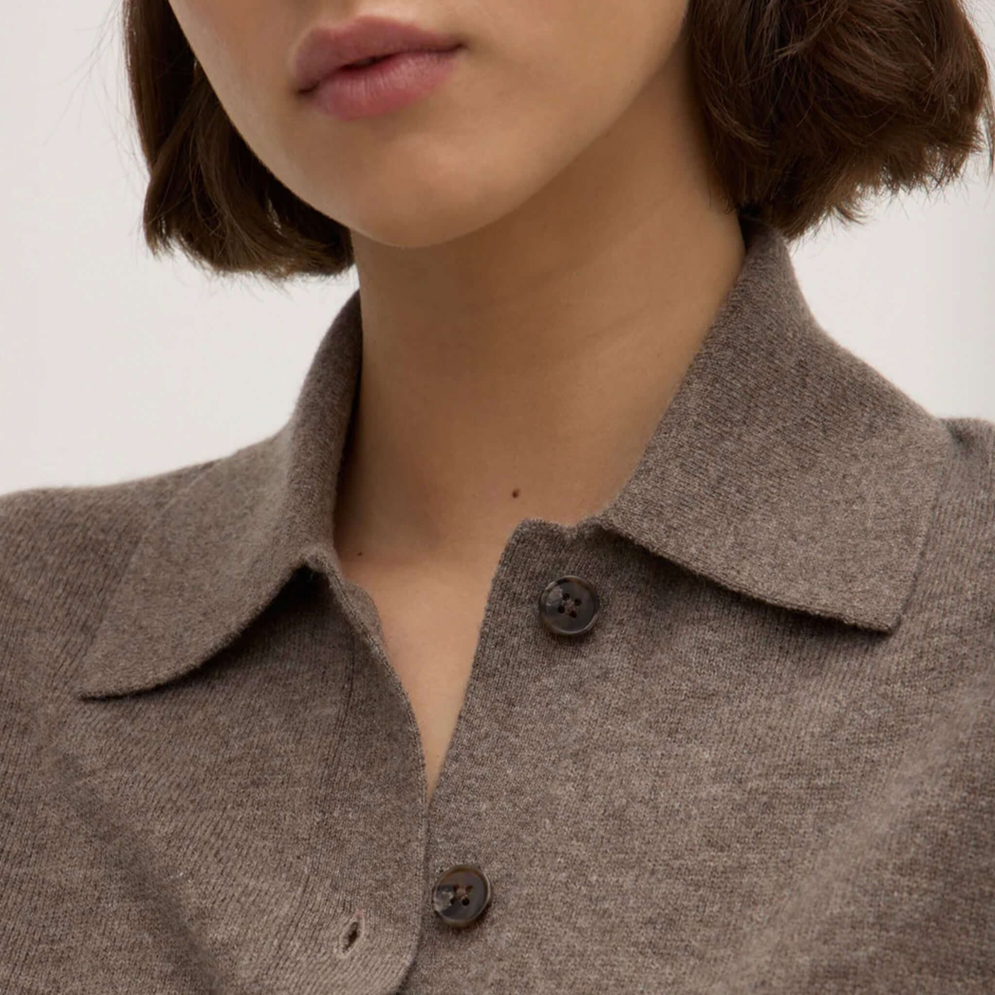 Assembly Label Merino & Cashmere Knit Cardigan - Sable, close-up of relaxed collar and button front in soft wool cashmere blend