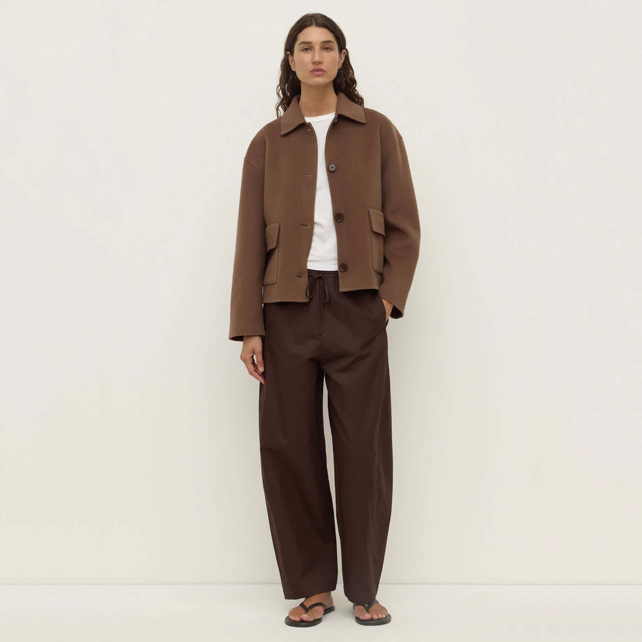 Alt Tag: Assembly Label Mya Wool Jacket - Milk Choc women’s 100% wool relaxed-fit jacket in milk chocolate brown with button front and flap pockets