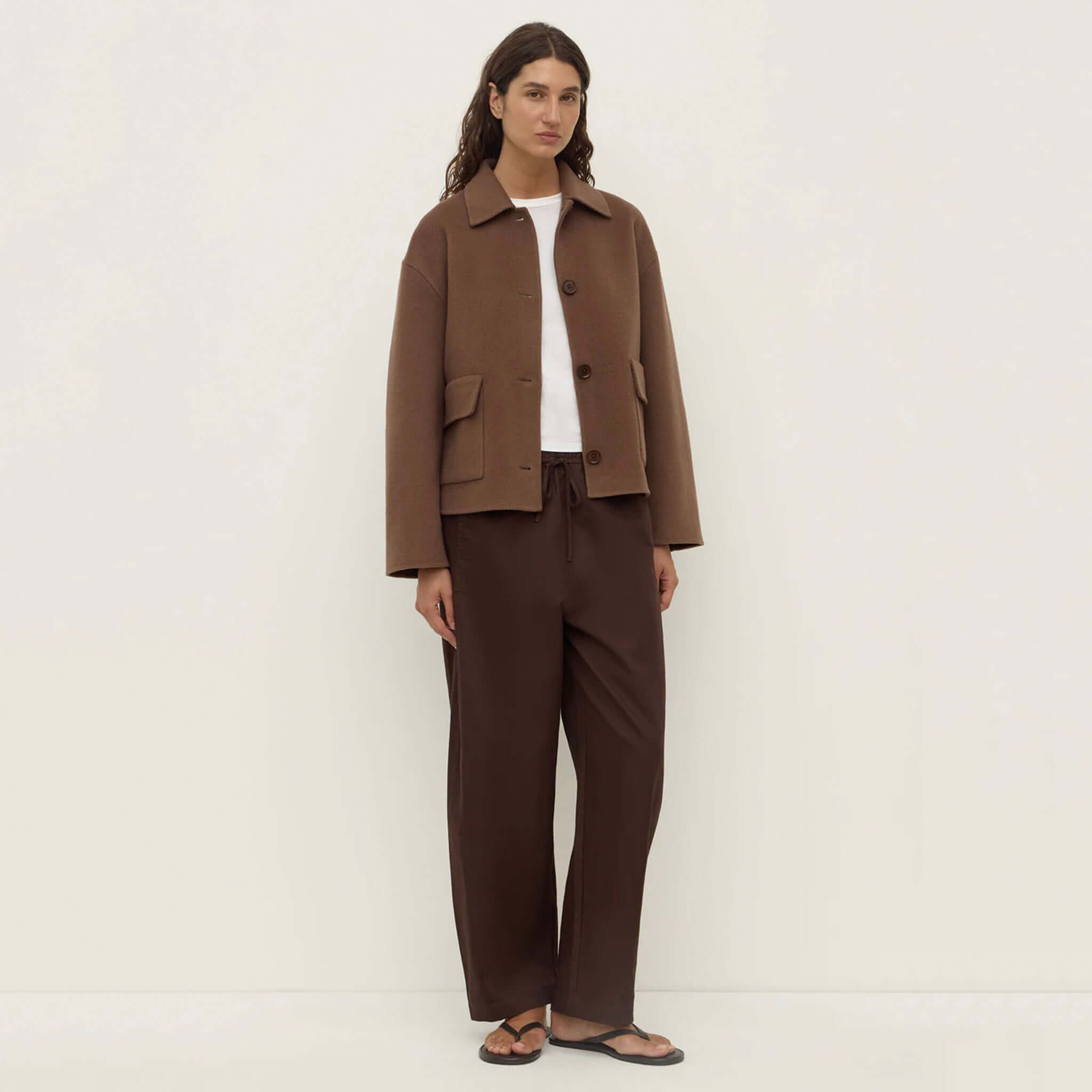 Alt Tag: Assembly Label Mya Wool Jacket - Milk Choc women’s milk chocolate brown wool jacket with relaxed fit, button front and flap pockets