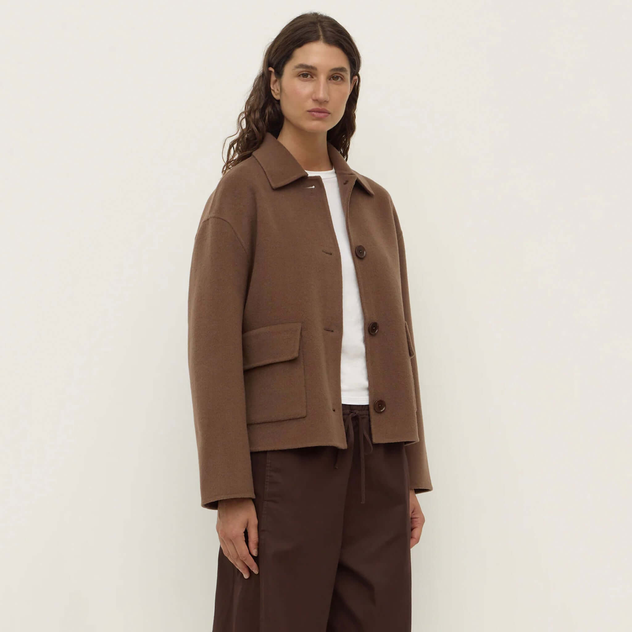 Alt Tag: Assembly Label Mya Wool Jacket - Milk Choc relaxed fit women’s 100% wool jacket in milk chocolate brown with button front and flap pockets