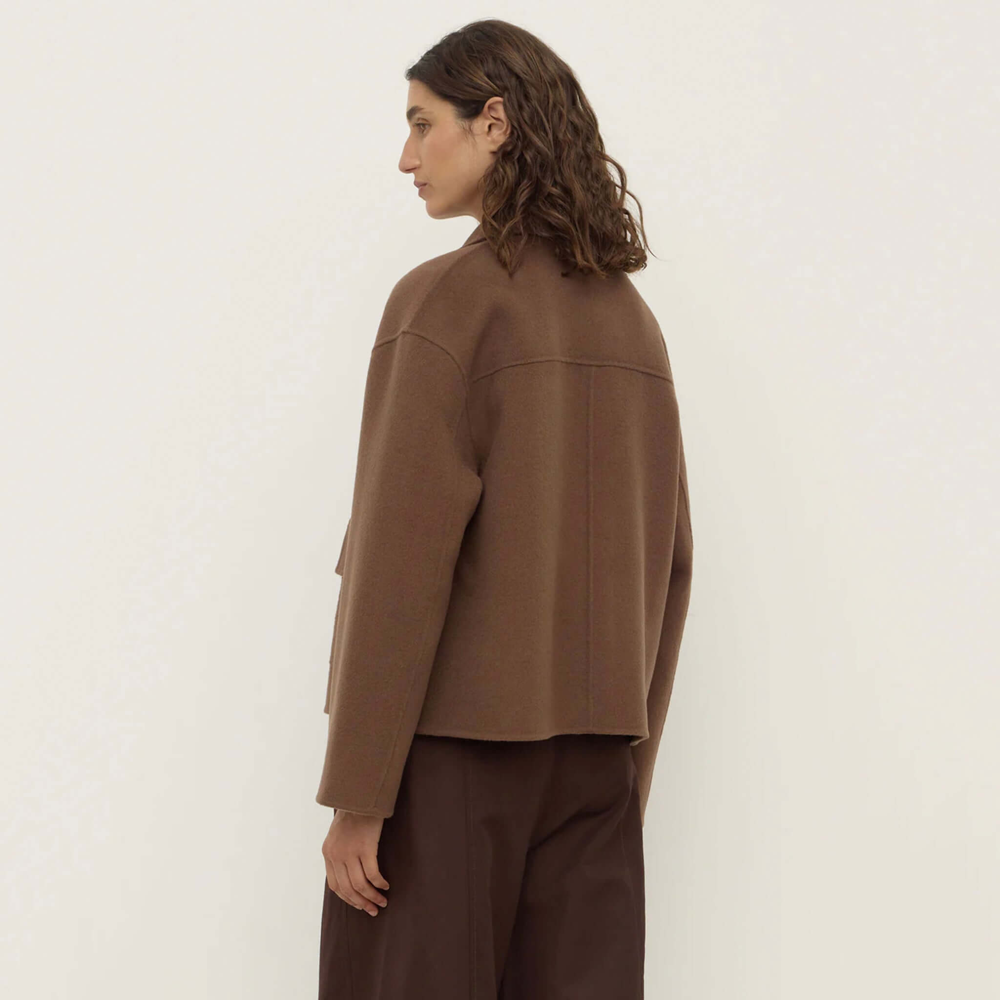 Alt Tag: Assembly Label Mya Wool Jacket - Milk Choc women’s 100% wool jacket in milk chocolate brown, relaxed fit outerwear, back view