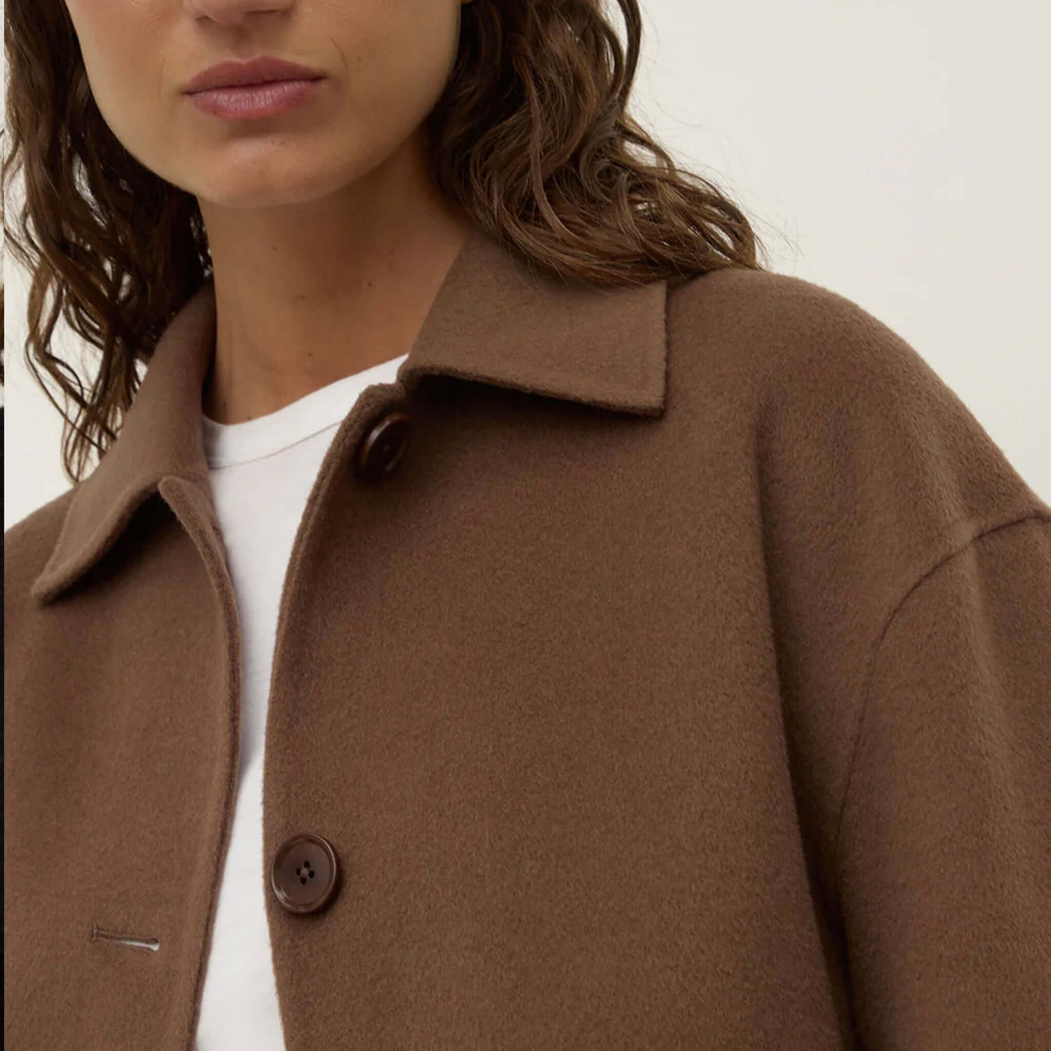 Alt Tag: Assembly Label Mya Wool Jacket - Milk Choc women’s 100% wool jacket in milk chocolate brown with button front and two-piece collar