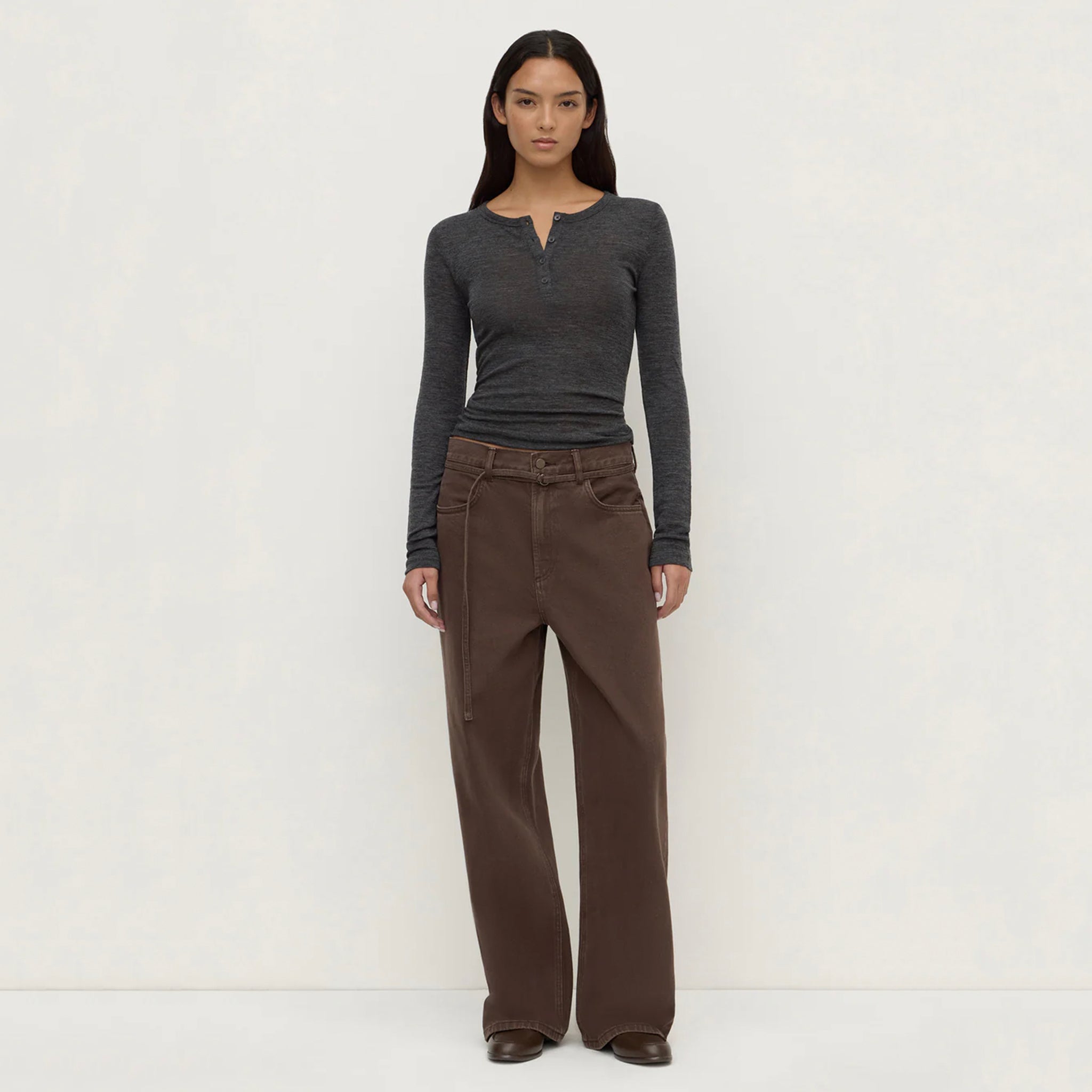 Assembly Label Nora Merino Wool Henley Top - Charcoal Marle