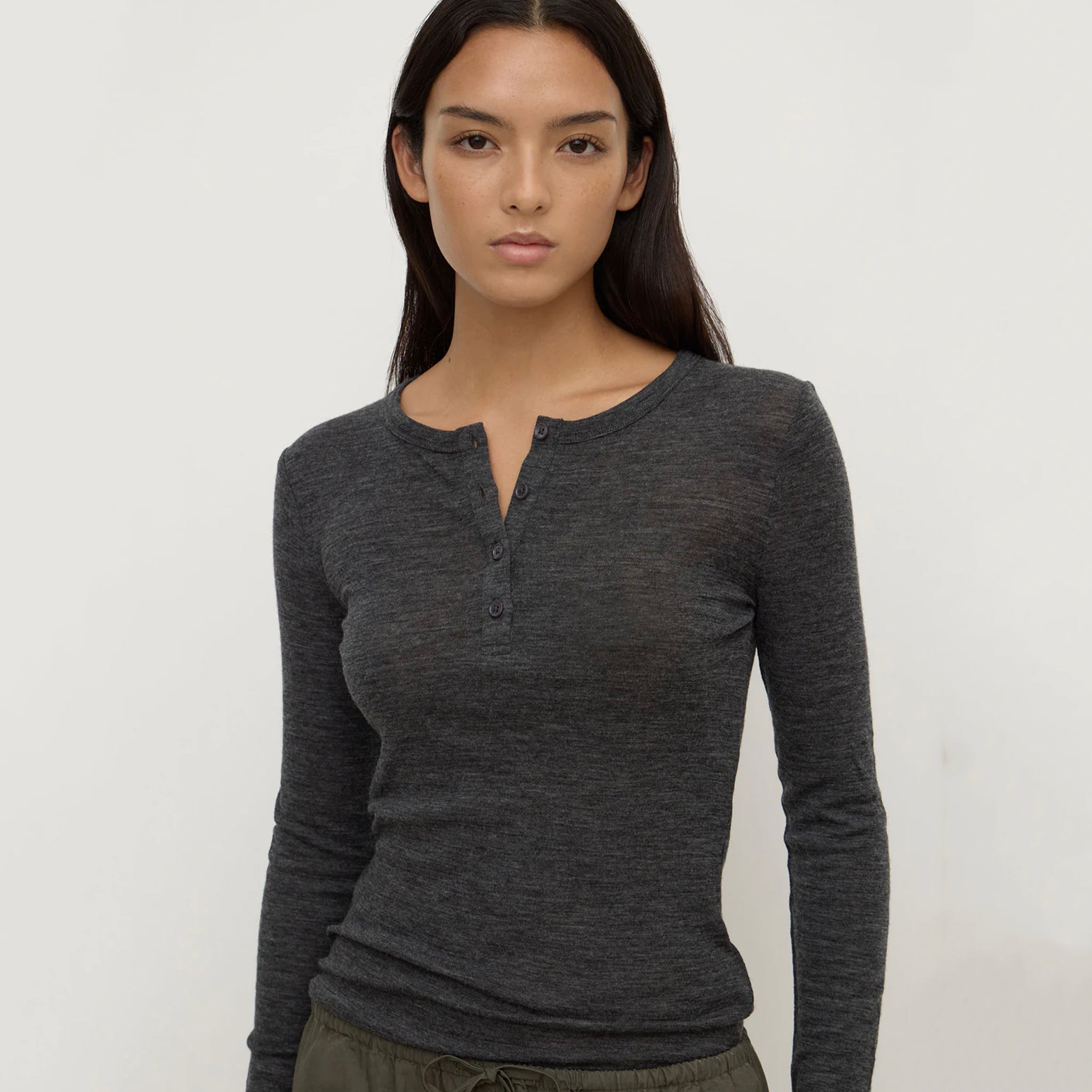 Assembly Label Nora Merino Wool Henley Top - Charcoal Marle