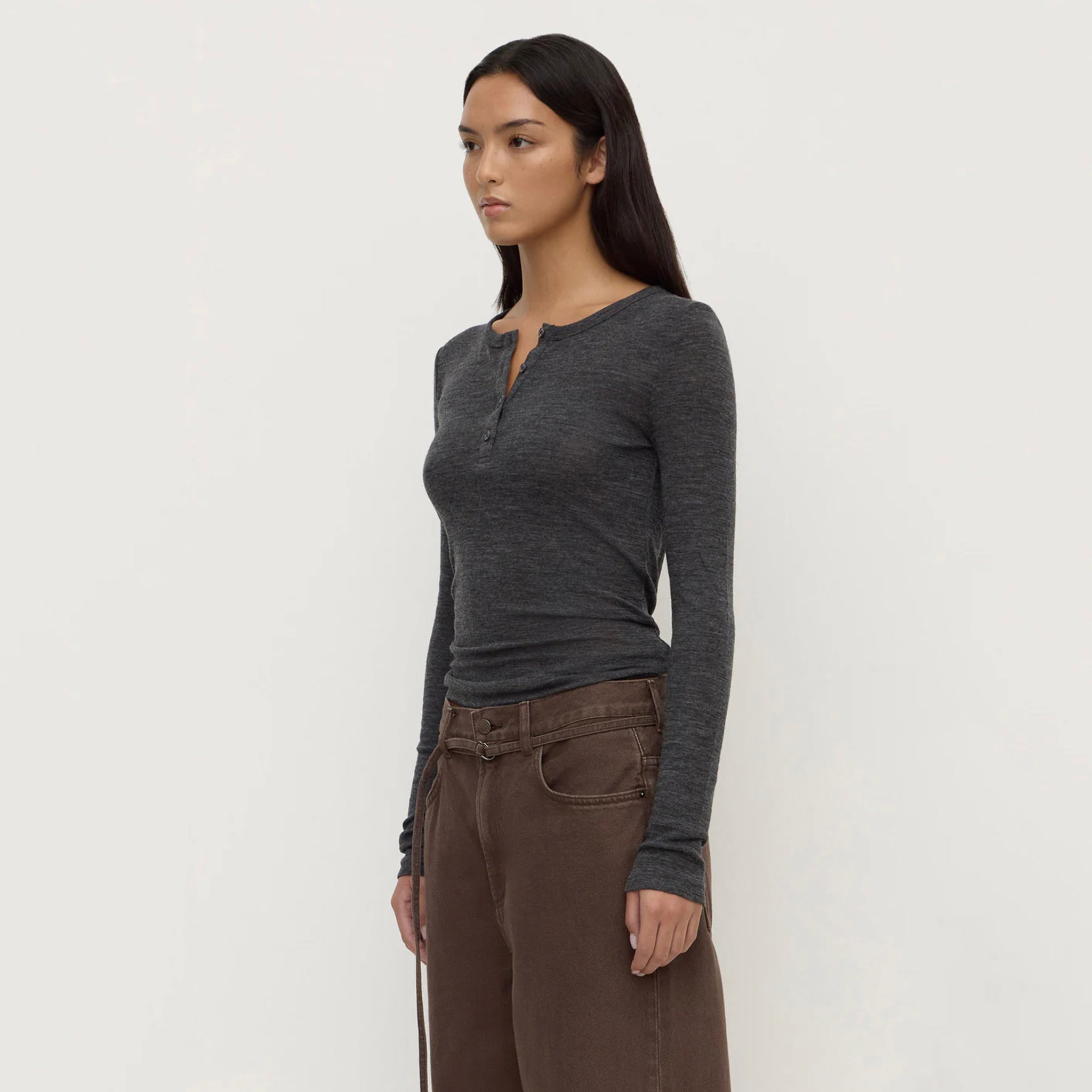Assembly Label Nora Merino Wool Henley Top - Charcoal Marle