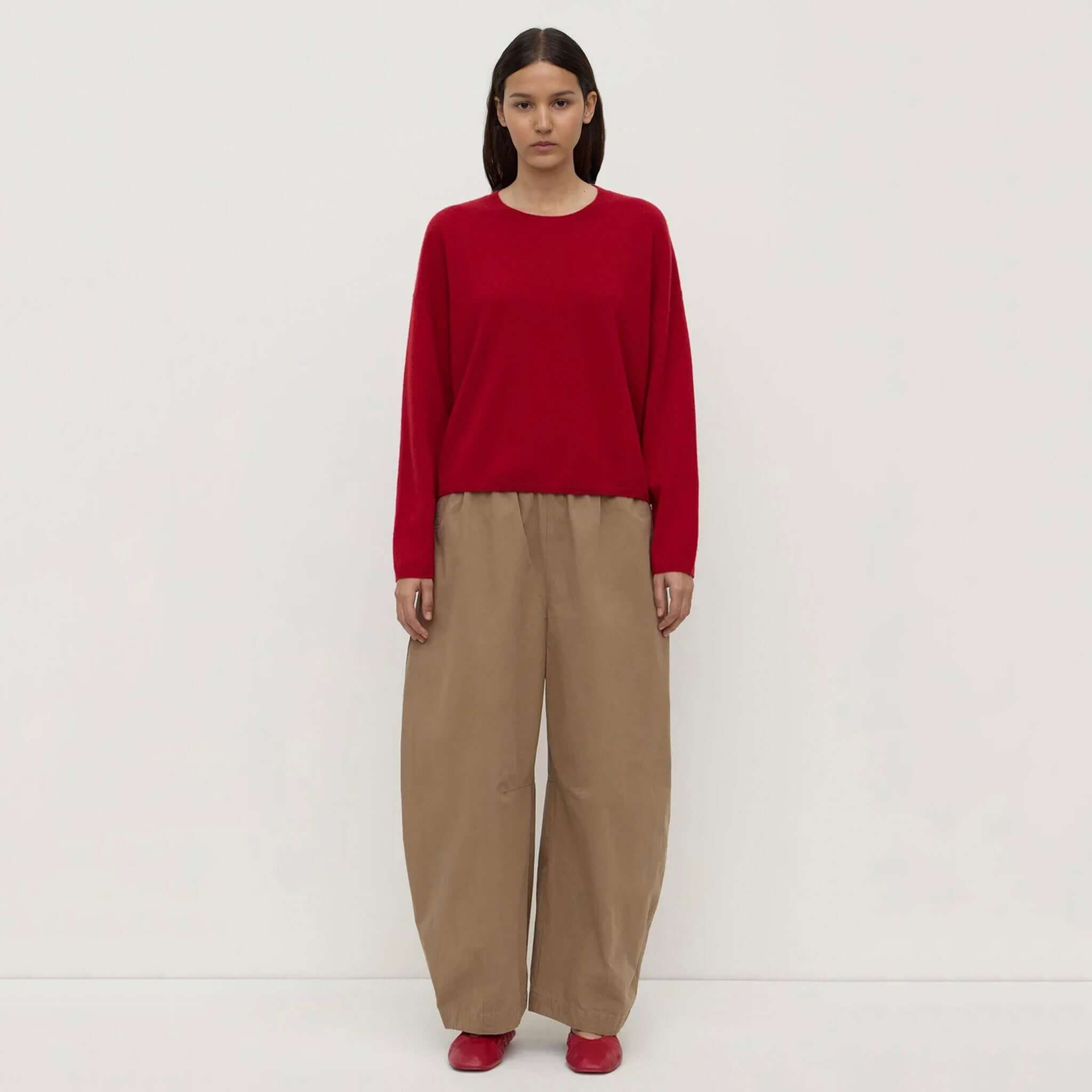 Assembly Label Odelle Cashmere Knit Jumper - Dark Cherry on model, relaxed fit cashmere sweater with dropped shoulders and rib trims