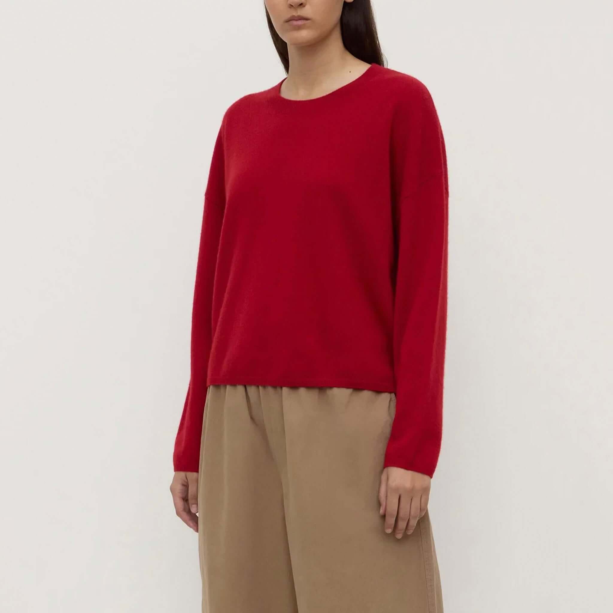 Alt Tag: Assembly Label Odelle Cashmere Knit Jumper - Dark Cherry relaxed fit 100% cashmere jumper with dropped shoulders, rib trims