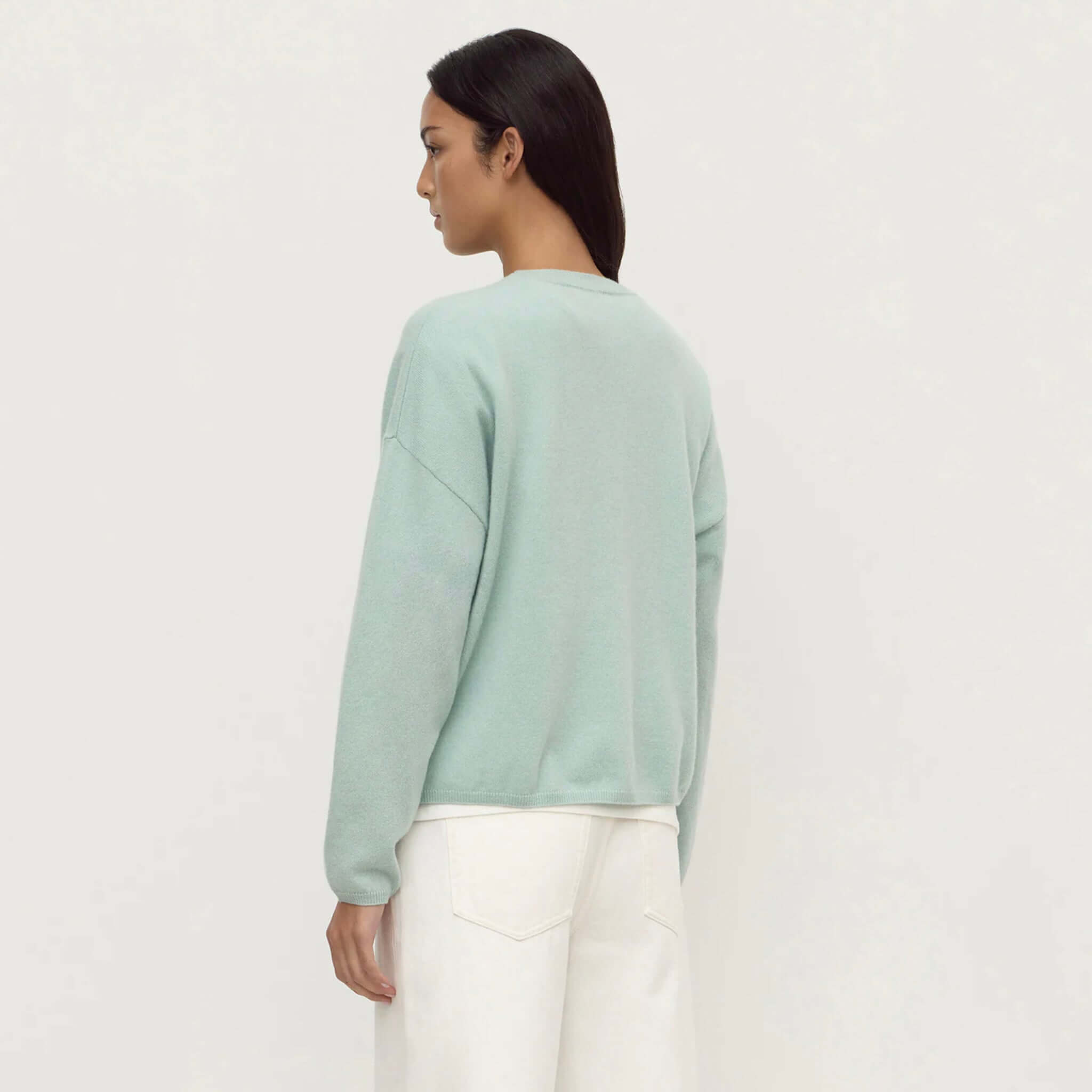 Assembly Label Odelle Cashmere Knit Jumper - Mint, showcasing the soft mint color and relaxed fit from the back view.
