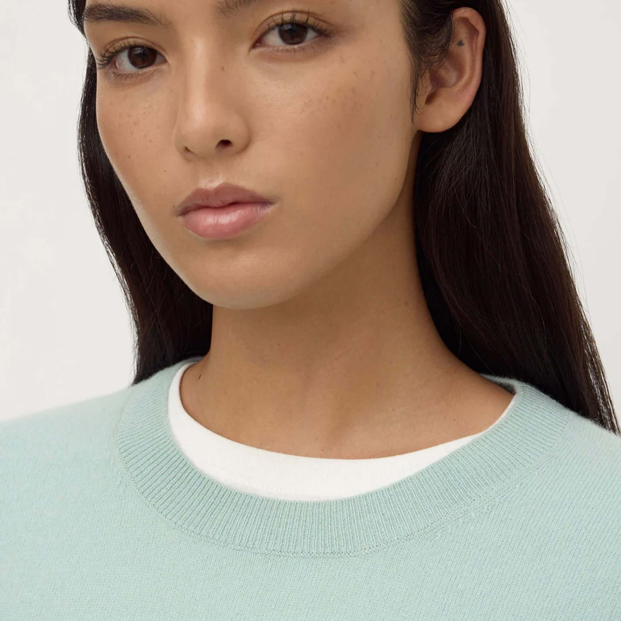 Assembly Label Odelle Cashmere Knit Jumper - Mint worn by model showcasing the soft mint color and relaxed fit.