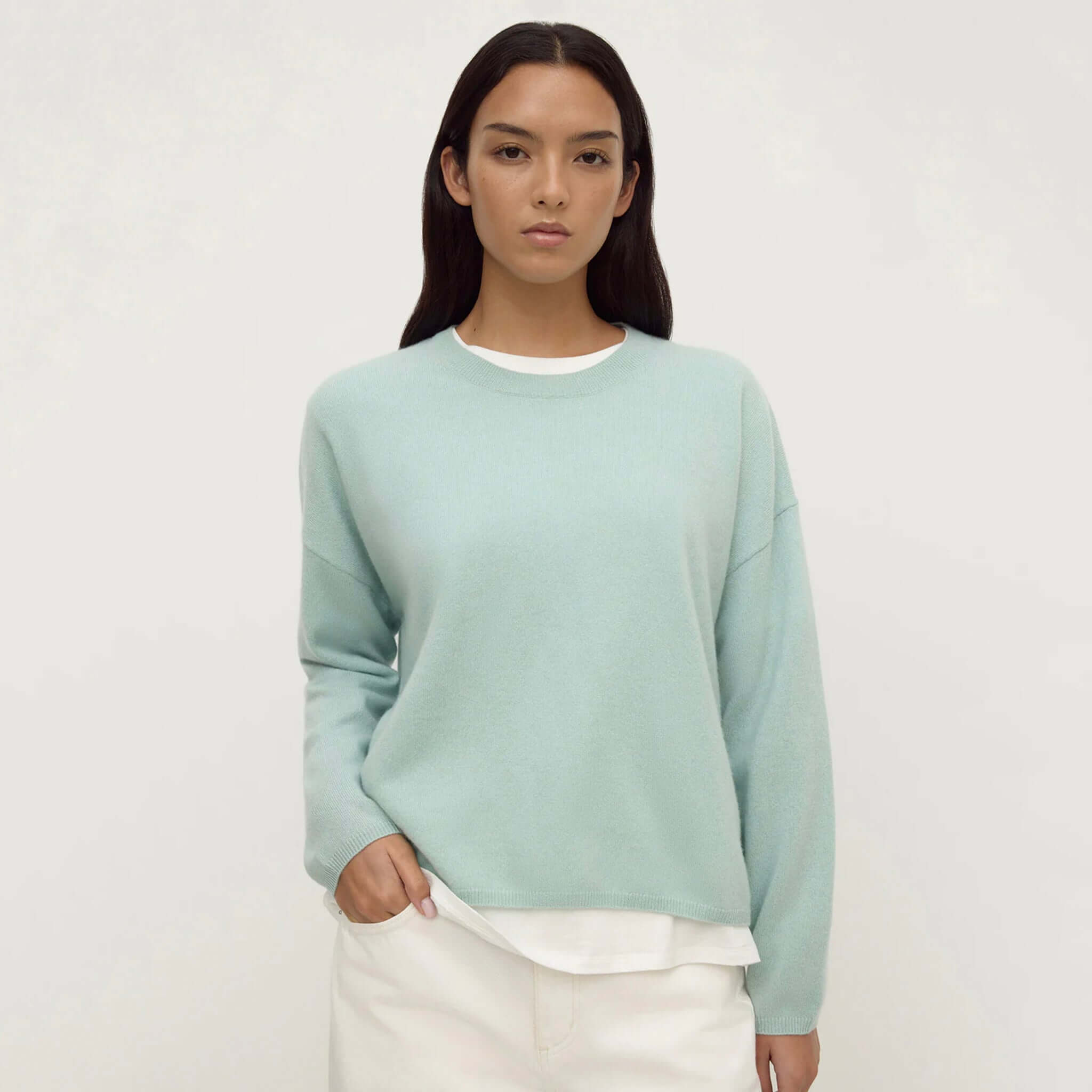 Assembly Label Odelle Cashmere Knit Jumper - Mint worn by model, showcasing its relaxed silhouette and soft cashmere fabric.