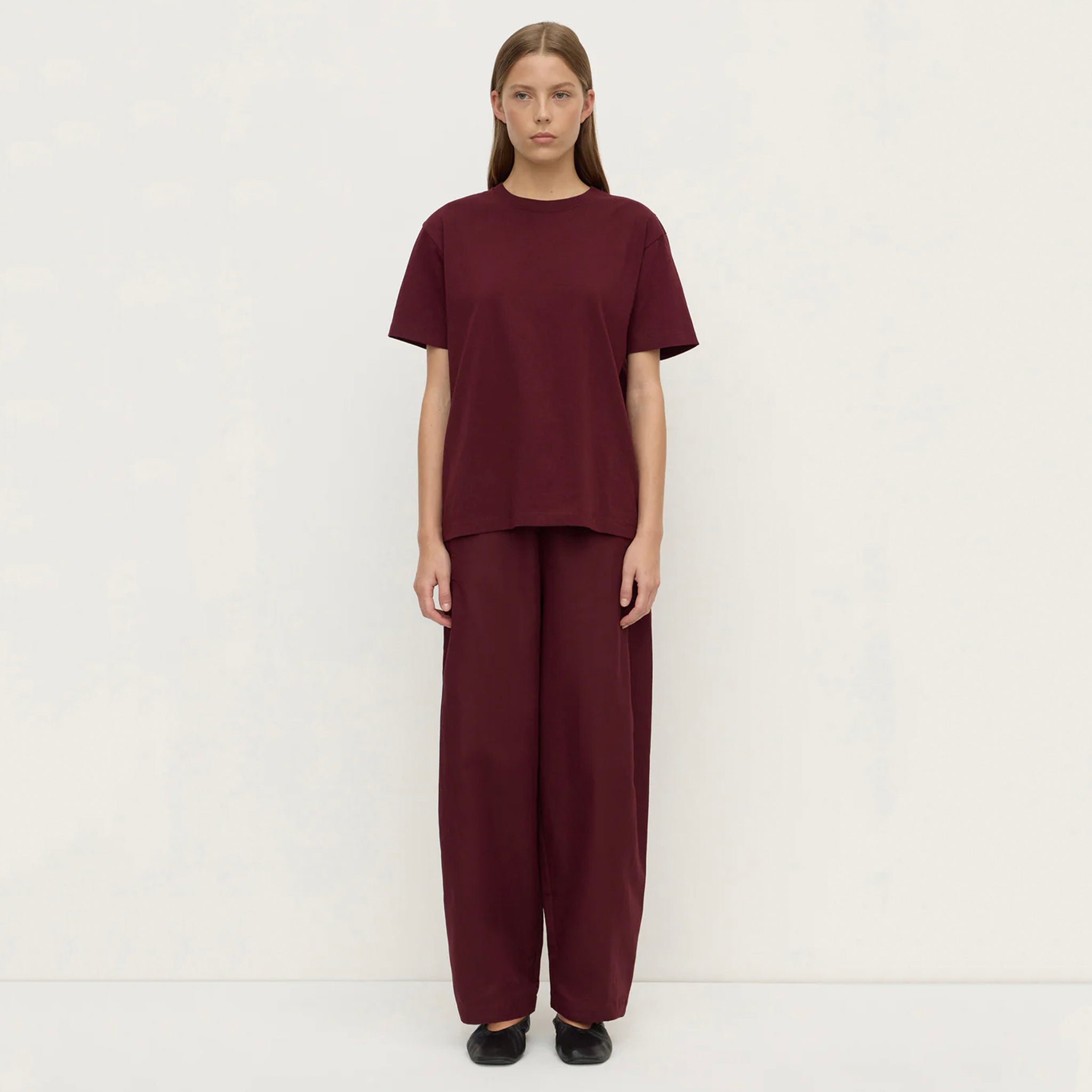 Alt Tag: Assembly Label Organic Cotton Base Tee - Merlot relaxed crew neck organic cotton jersey tee, front view in merlot