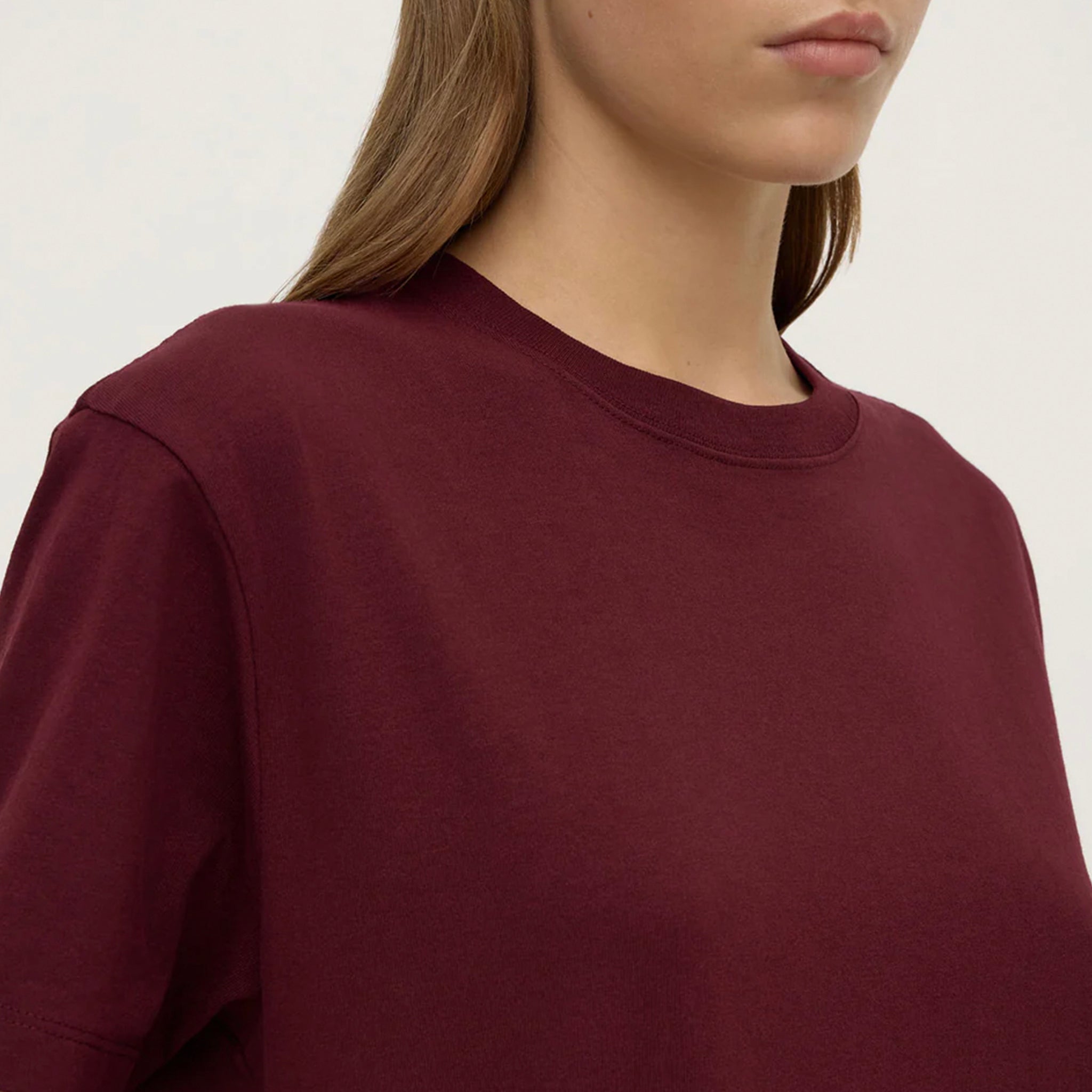 Alt Tag: Assembly Label Organic Cotton Base Tee - Merlot crew neck organic cotton jersey tee on model, relaxed fit